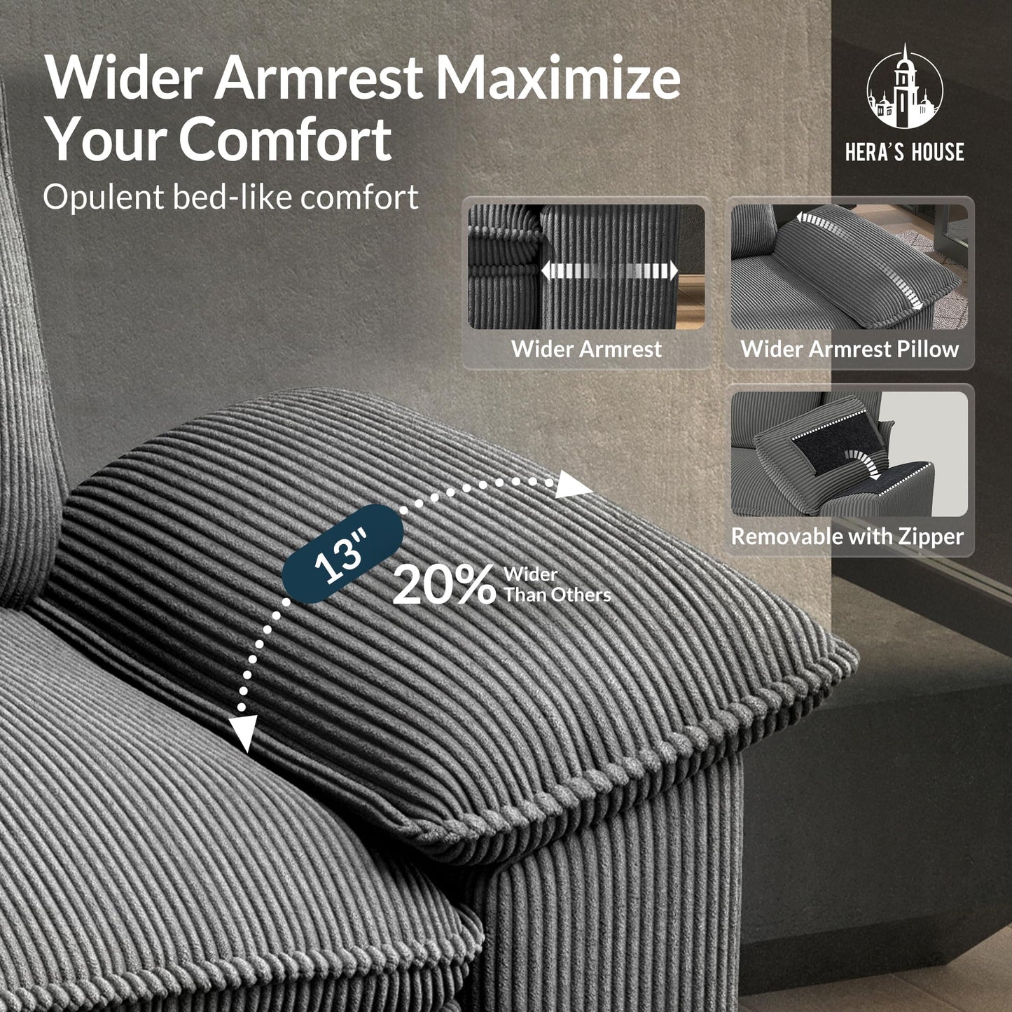 HERA'S HOUSE 124" Modular Sectional Sofa, Oversized L Shaped Couches for Living Room, Comfy Cloud Couch with Ottoman, 4-Seater Deep Seat Sofa with Throw Pillow, Corduroy Grey