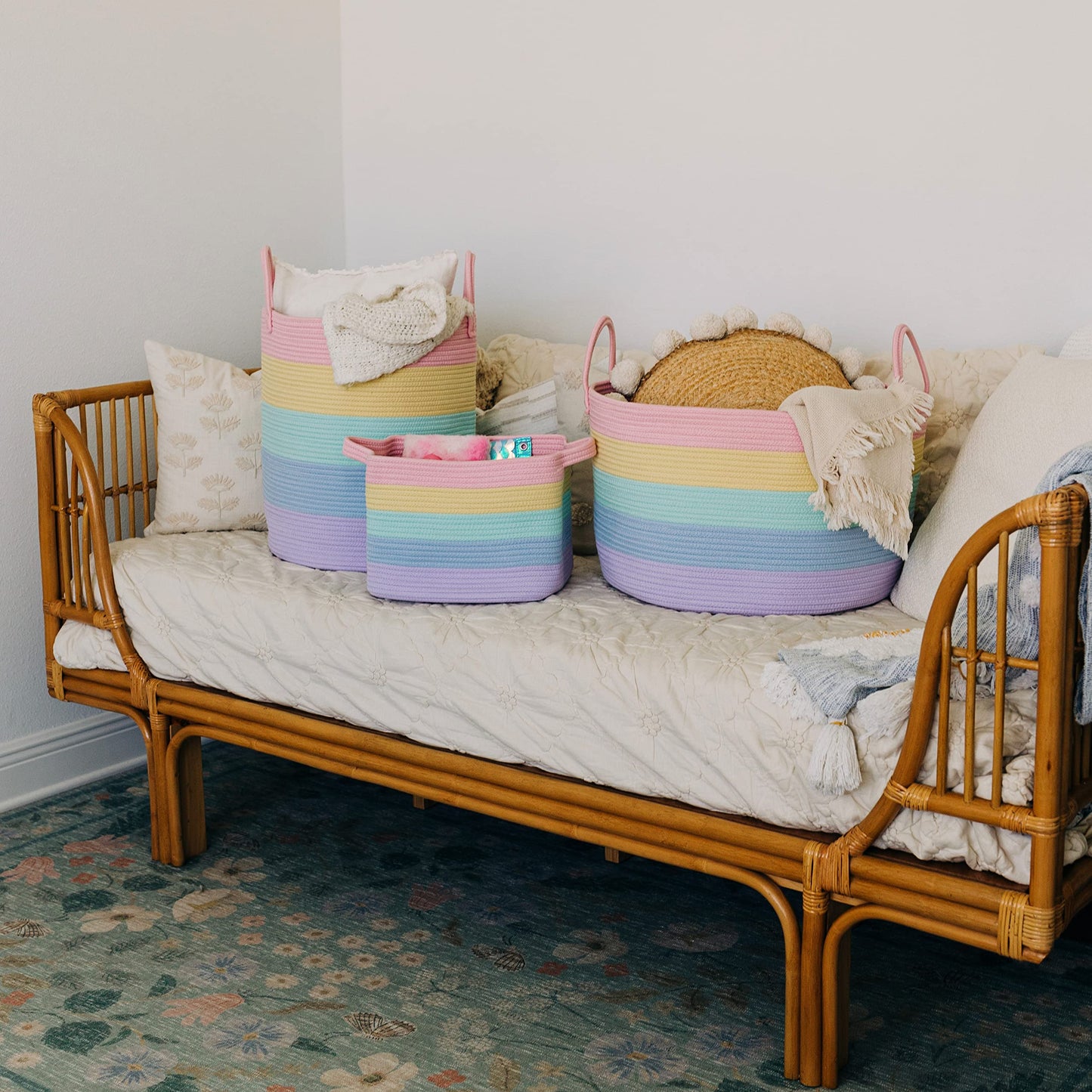 OrganiHaus Rainbow Blanket Basket for Classroom & Nursery, Extra Large Woven Laundry Basket w/Handles, Kids Toy Organizer & Storage, Soft Round Dog Toy Storage Bin, Cute Bin - 20"x13" in