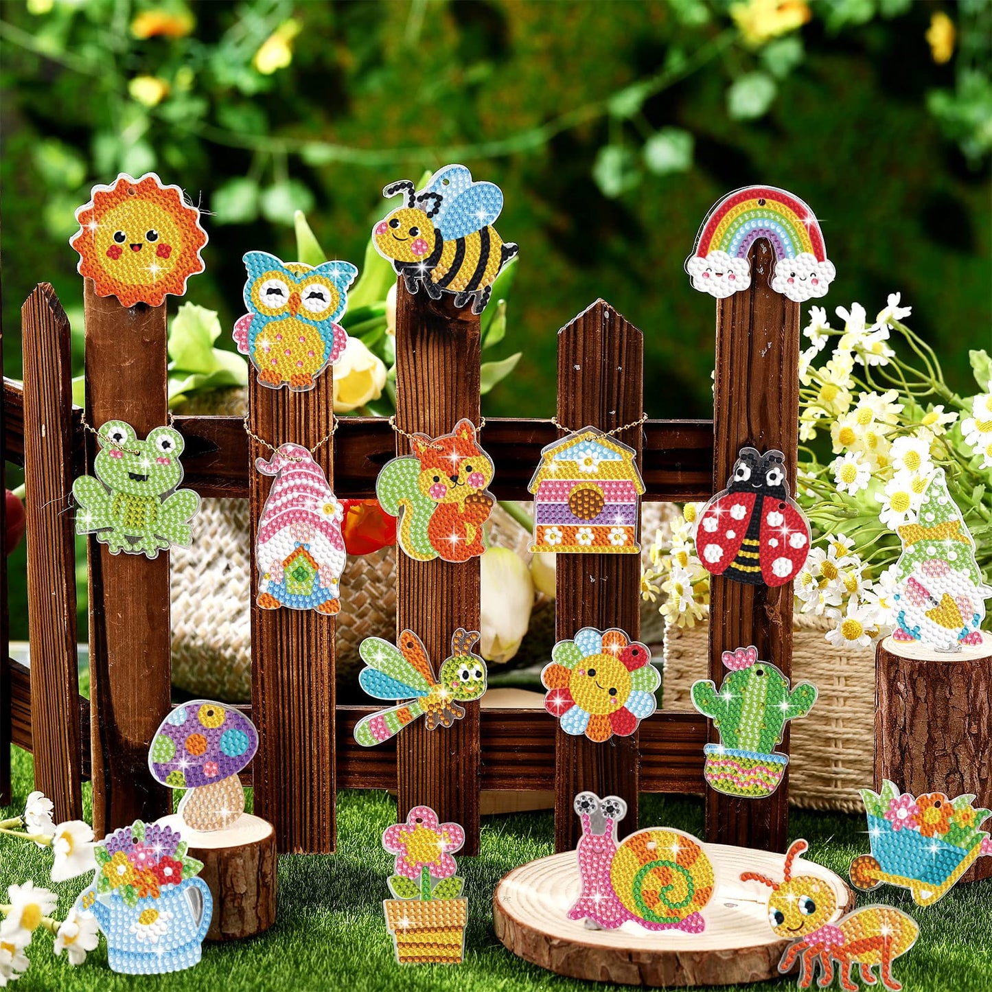 Inbagi 20 Pcs Summer Diamond Painting Keychain Kits 5d DIY Summer Diamond Art Animal Bee Frog Sun Ornaments Hanging Crafts for Family Decor Seasonal Gifts