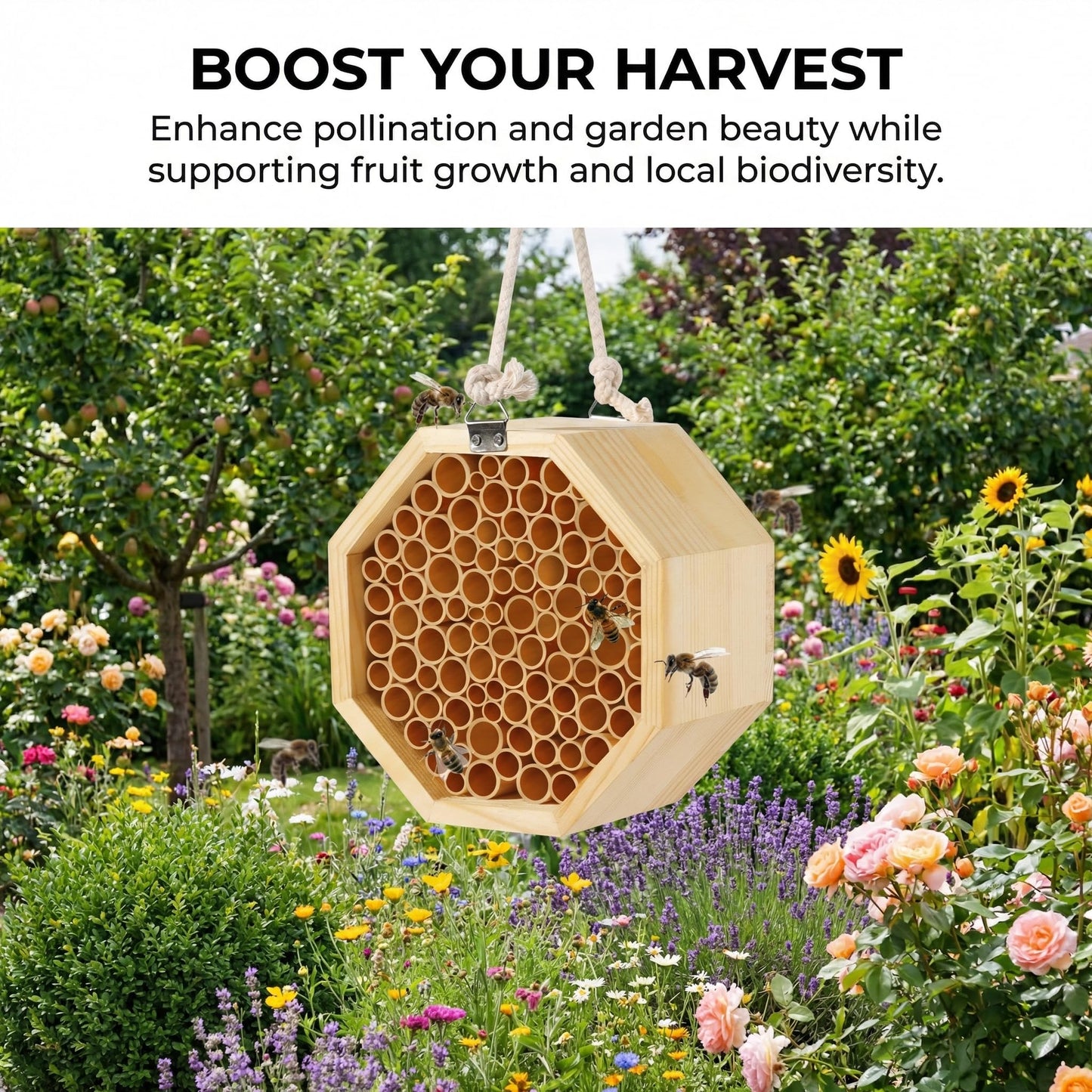 Mason Bee House - Handcrafted Natural Wooden Bee Hotel with Waterproof Wax Coating - Attracts Peaceful Pollinators, Enhances Garden Productivity