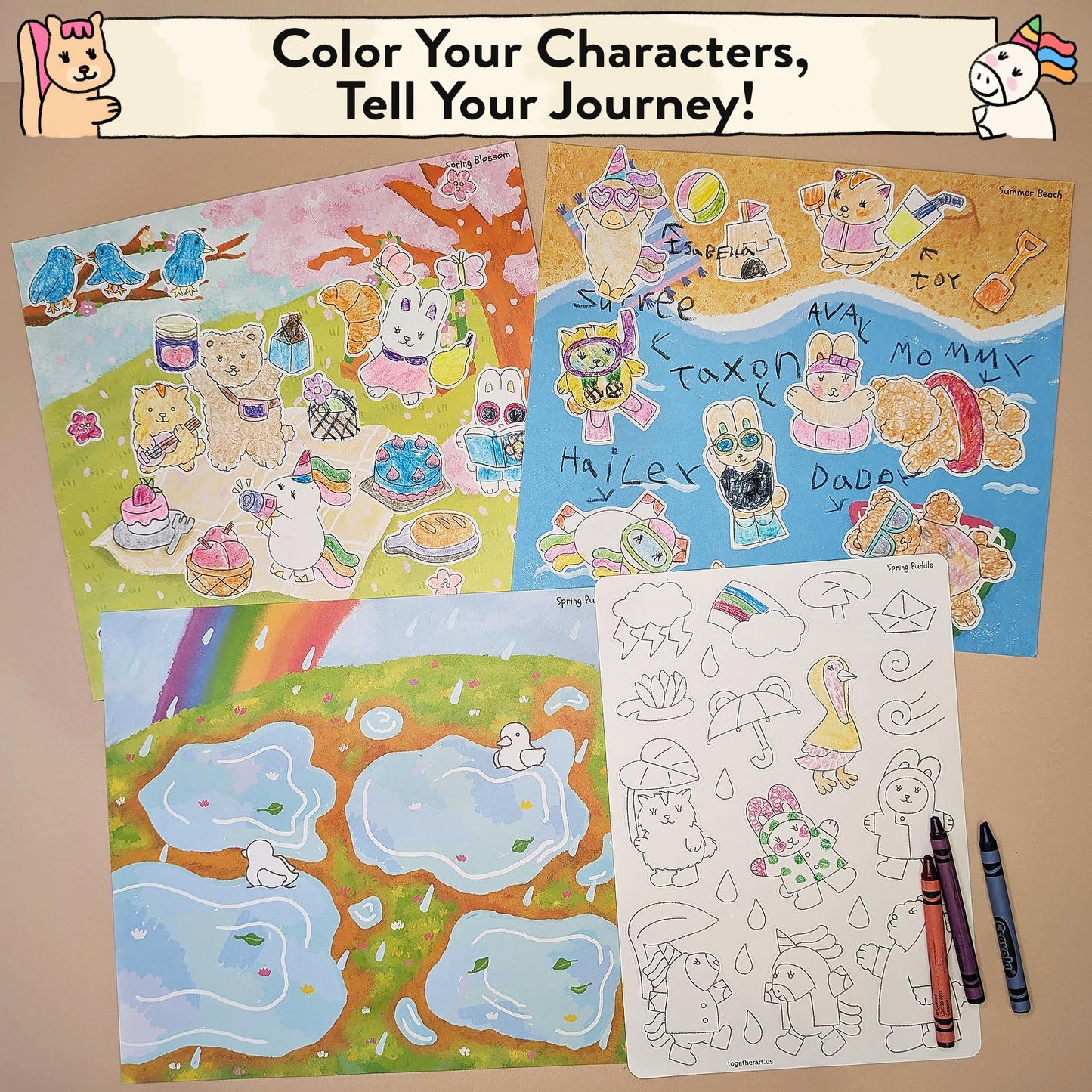 Together Art Seasonal Splendor: Color Your Own Stickers Storytelling Kit - 4 Seasons in 1 DIY Craft for Kids Ages 3+ (Camping, Beach, Christmas) - Road Trip Travel Activities & Homeschool Art Supplies