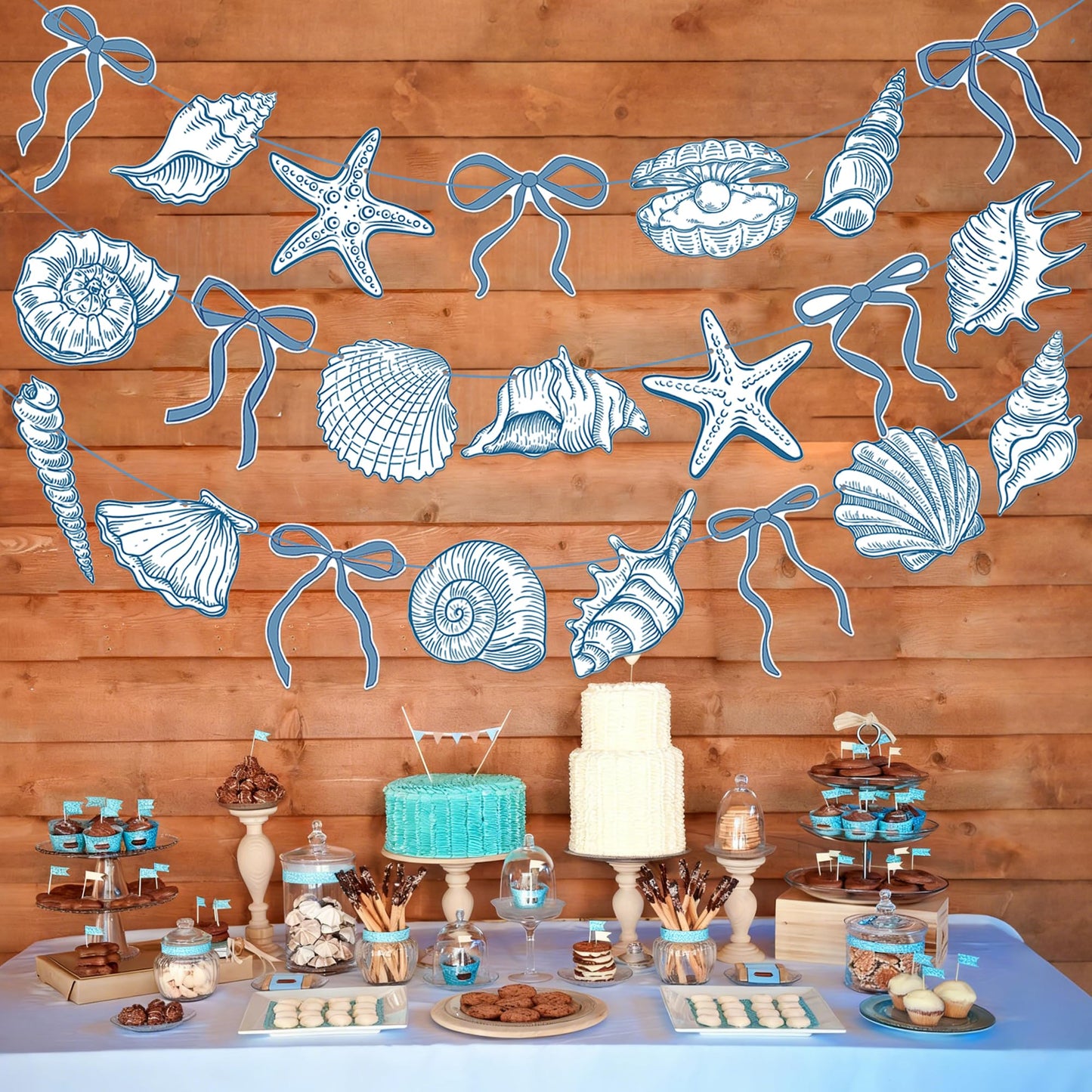 Summer Coastal Beach Party Supplies 3PCS Blue Bow Starfish and Seashell Banners Nautical Party Decor Sea Starfish Seashell Cutout Banner for Baby Shower Wedding Bachelorette Birthday Decorations