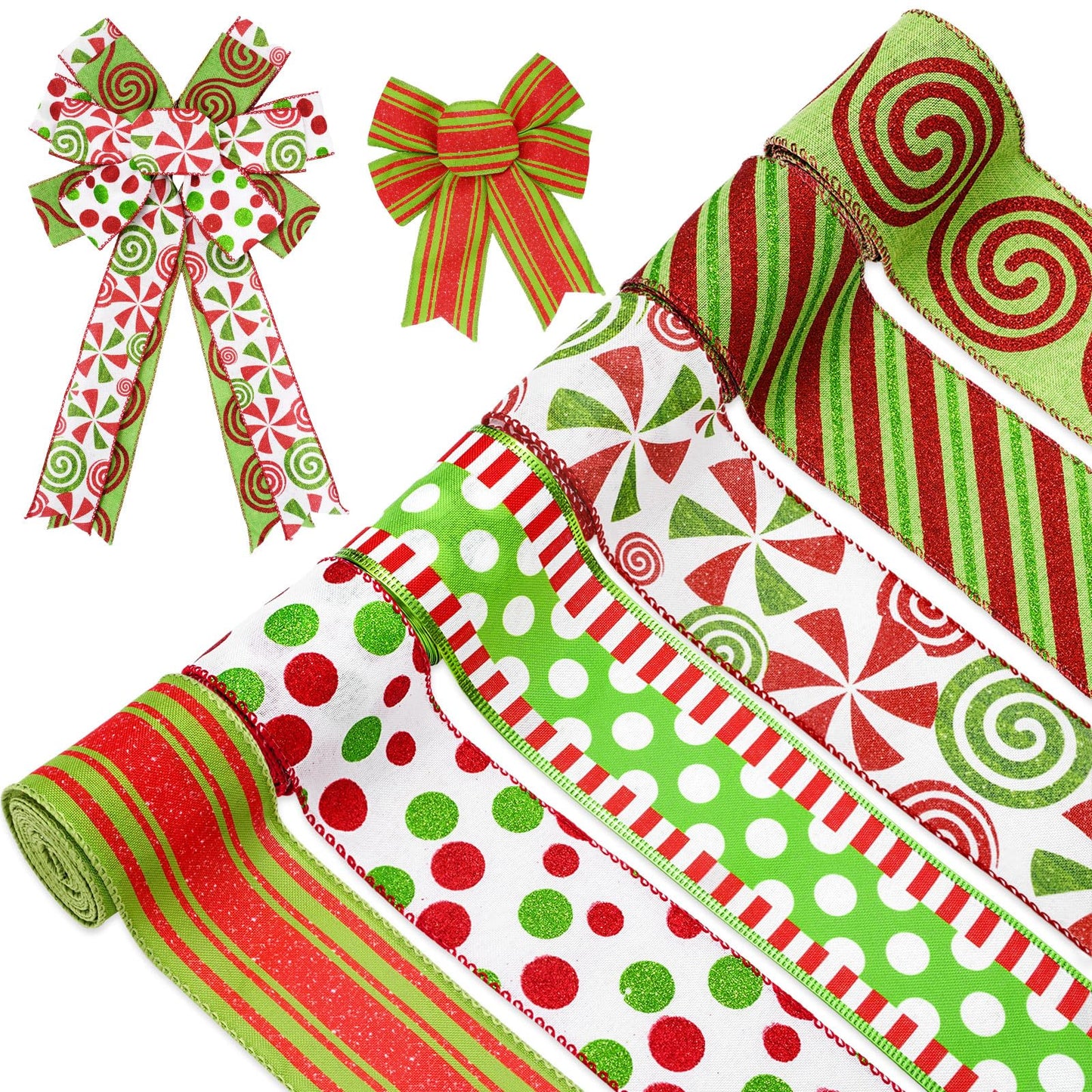 Whaline Christmas Ribbons 36 Yards Dot Stripe Candy Wired Edge Ribbon Red Green Fabric Craft Ribbon for Xmas Wreath Bow Making DIY Crafts Wrapping Supplies, 6 Rolls