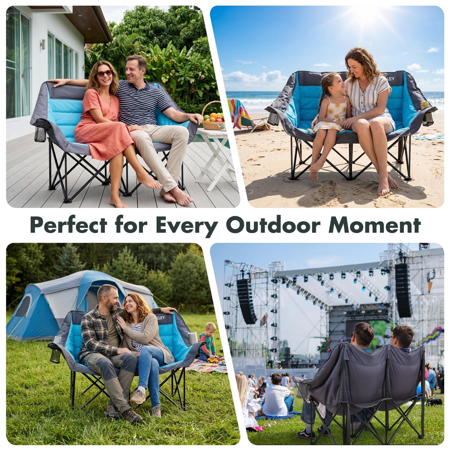 VILLEY Oversized Double Camping Chair for Adults, Heavy-Duty Folding Loveseat Camp Chair with Cup Holders, 2 Person Outdoor Chair Supports up to 900 lbs for Camping, Beach, Lawn & Sports