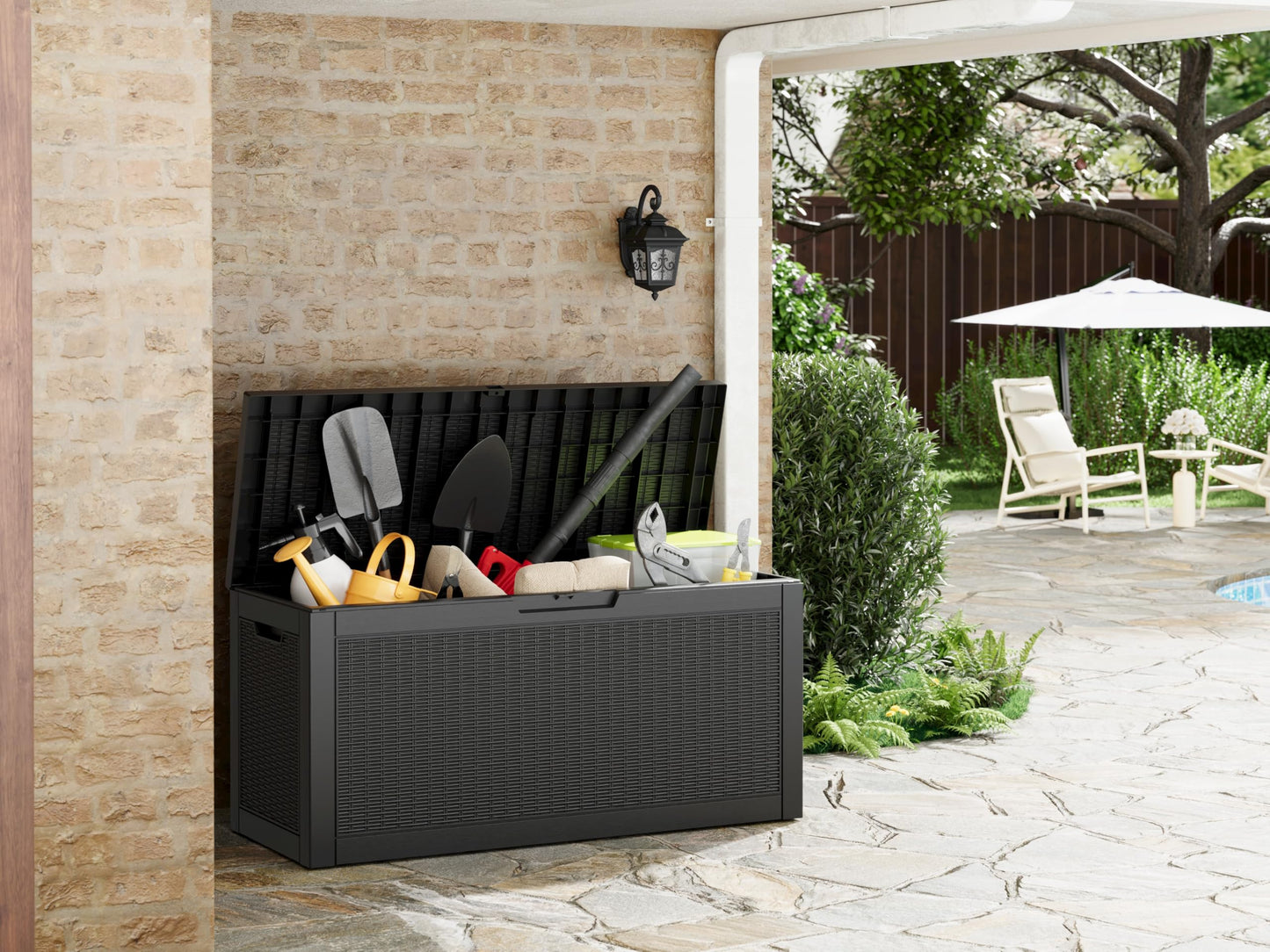 WTFGO 72 Gallon Outdoor Storage Box, Resin Deck Boxes Outdoor Waterproof For Patio Furniture, Garden Tools, Pool Supplies, Lockable And UV Resistant (Rattan Black)