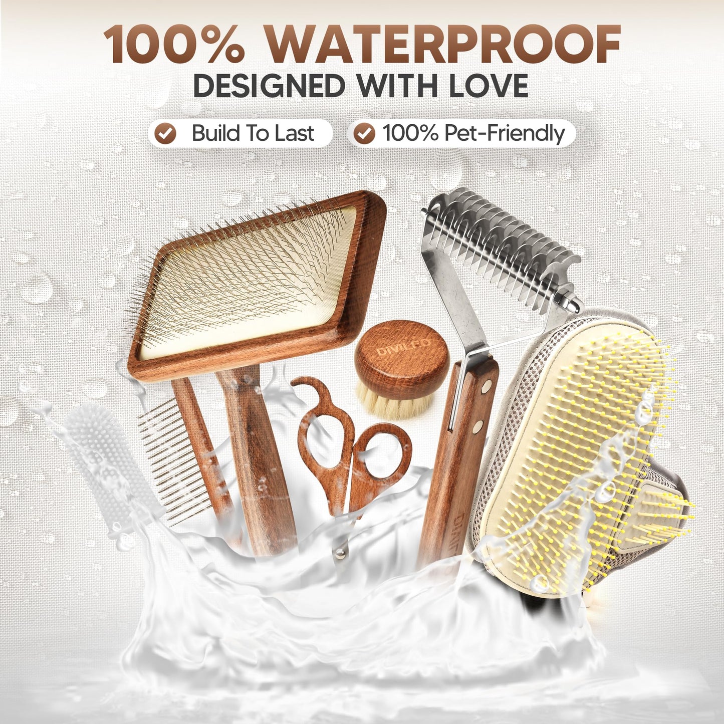 DIVILEO Premium Waterproof Pet Grooming Kit for Dogs & Cats – Wooden Handle Slicker Brush, Deshedding Comb & Nail Clipper – Professional Dog Grooming Supplies Set with Canvas Pouch | USA Brand