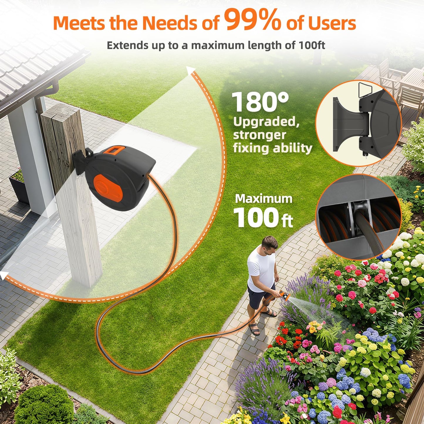 Entgard Retractable Garden Hose Reel 100 FT, 1/2" Heavy Duty Garden Hose 435 PSI Burst Pressure, Wall Mounted Water Hose Reel with 10-Pattern Nozzle, 180° Swivel, Slow Auto Rewind & Any Length Lock