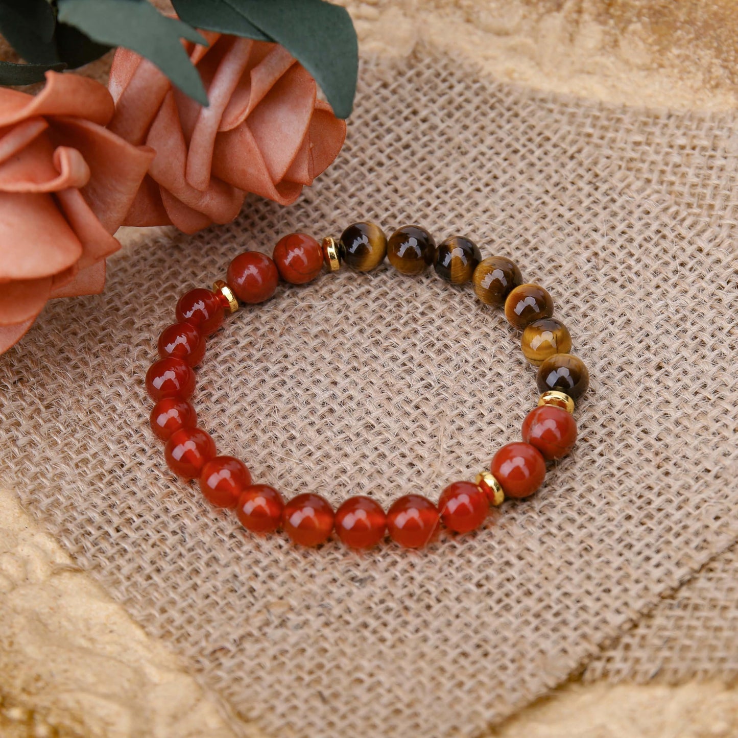 BONNY BOXX Mixed 8mm Natural Stone Bracelet for Courage, Handmade Stretch Carnelian Tiger Eye Bracelet Adjustable Crystal Healing Jewelry for Unisex Spiritual Gift