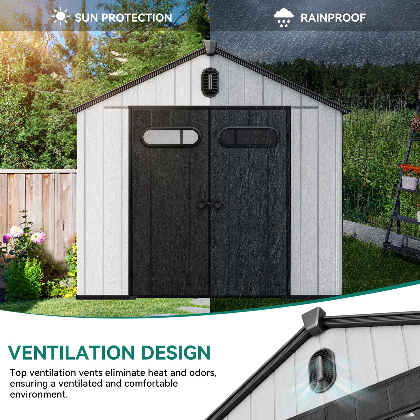 YITAHOME 8x10ft Resin Storage Shed, Extra Thick Outdoor Plastic Garden Storage Unit with Oval Vision Windows & Lockable Doors, 16mm Heavy Duty Waterproof Tool Sheds with Floor for Lawn Equipment, Gray