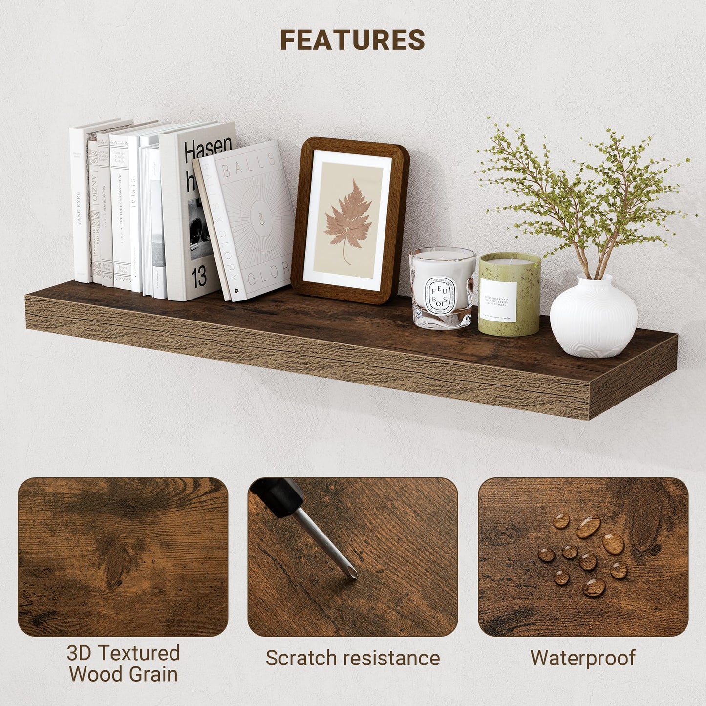 Acovy 24 Inch Floating Shelves, 3D Textured 24"x9.25"x1.5" Inch Deep Floating Shelves for Wall, Wooden Shelves for Bathroom, Bedroom, Living Room, Brown, 2 Pieces