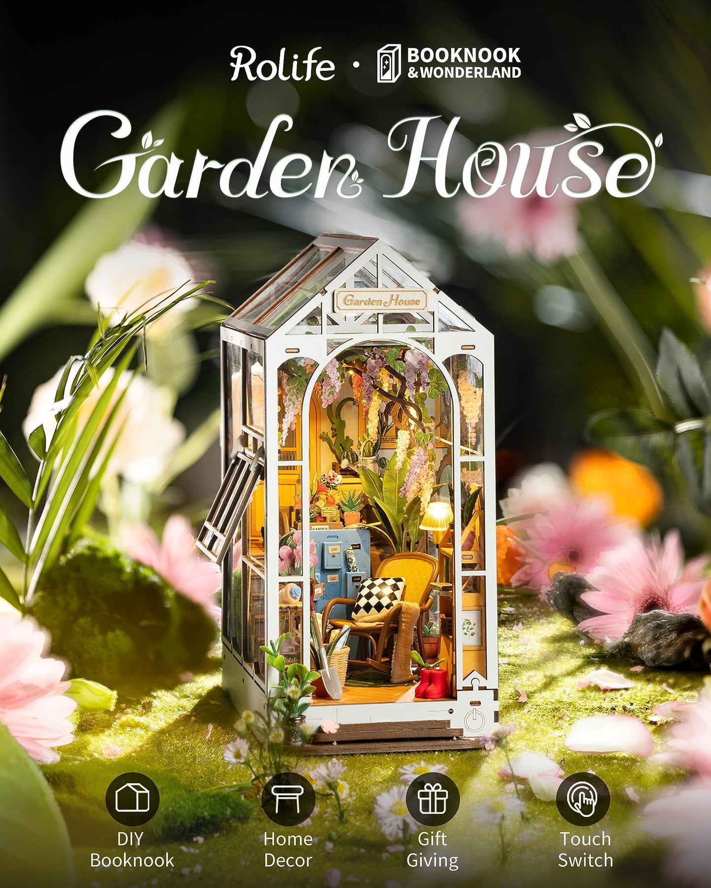 Rolife DIY Book Nook Kits for Adults-Garden House Bookshelf Insert Booknook-3d Puzzle Dollhouse Room Decor for Teen Girls Boys Women Men