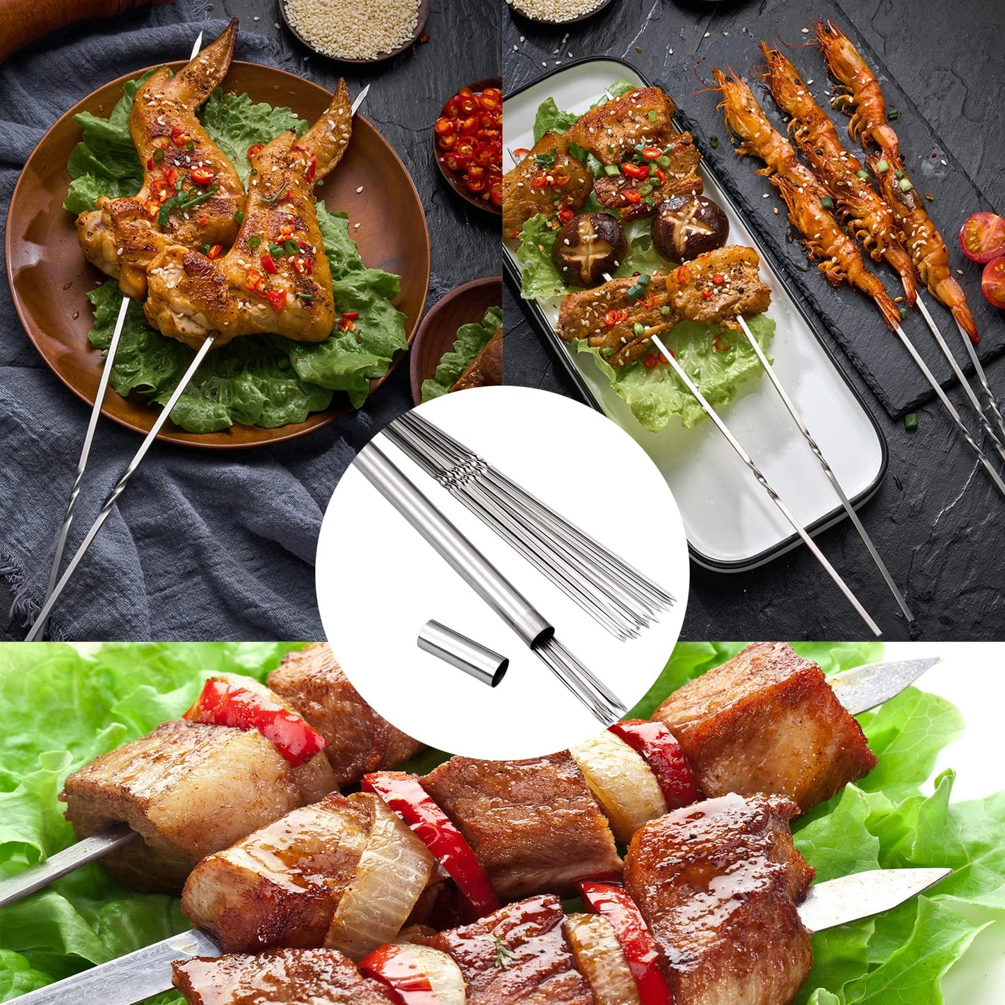 WILLBBQ 304 Stainless Steel 13.2" (33.5cm) Flat Barbecue Skewers,20PCS/40PCS BBQ Kebab Skewers with Portable Metal Storage Tube,Reusable for Grilling Barbecue Kitchen Party and Outdoor Cooking (40PCS)