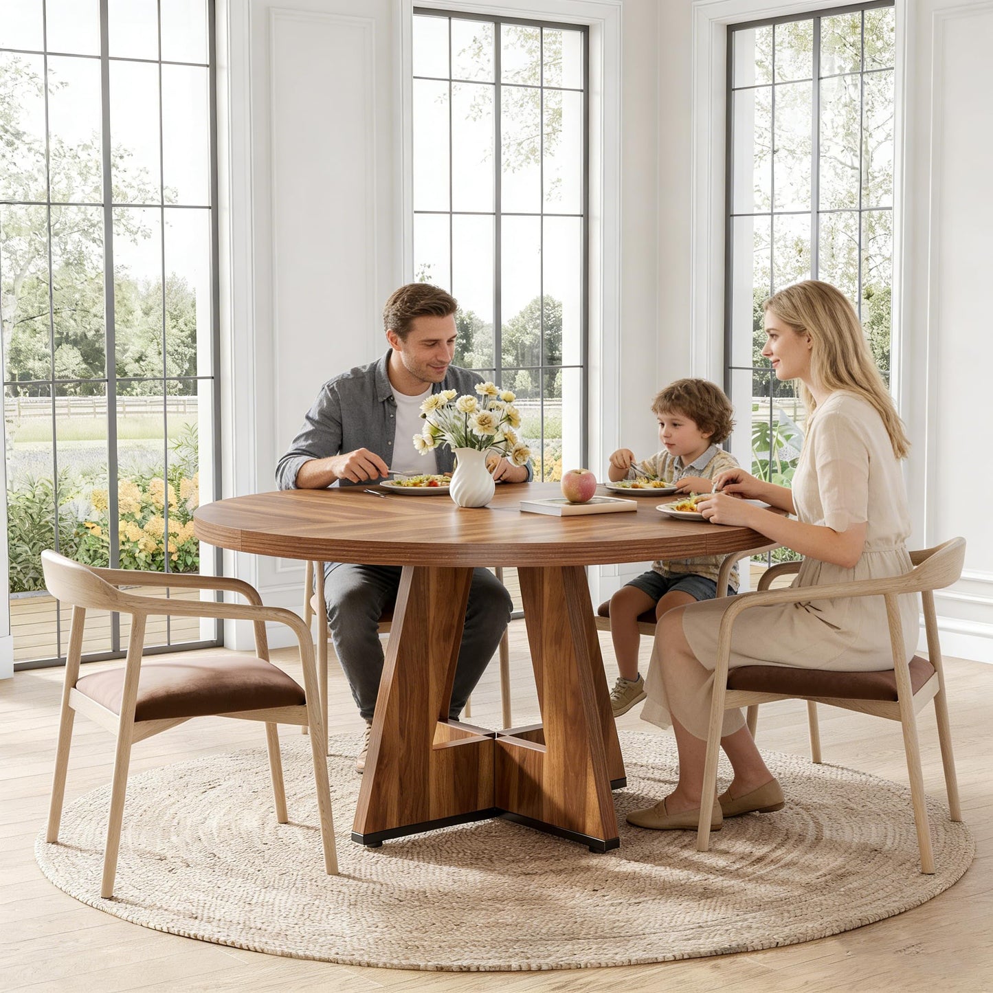 LITTLE TREE Round Dining Table for 4-6 People, 47 Inches Dining Room Table with Wooden Pedestal Base, Brown Dinner Tables, Circle Kitchen Tables for Dining Room, Kitchen, Living Room(Table Only)
