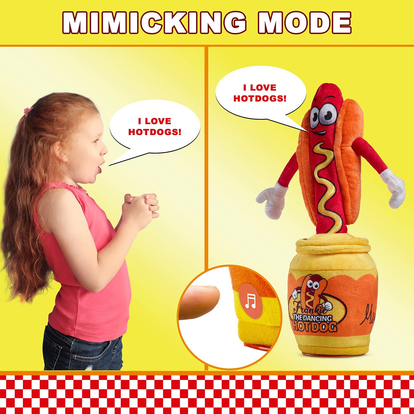 Gagster Hot Dog Dancing Toy Plush - Mimicking Toy For Kids - That Tells Jokes & Can Repeat What You Say, Dancing Talking Singing Yodeling – Baby Toy Funny Gift for Kids Toddlers & Adults Fun Gag Gifts