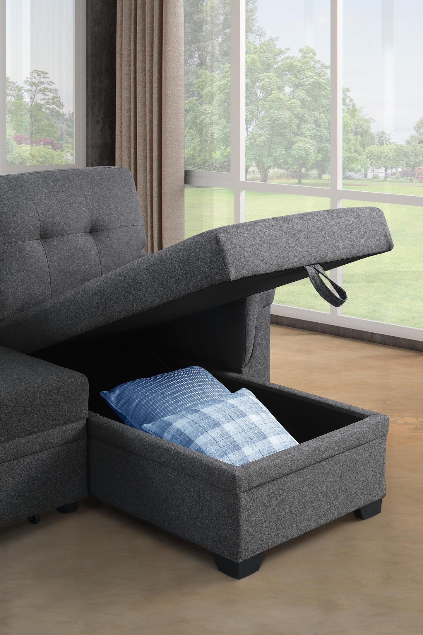 ERYE 83-inch Pull Out Sleeper Couch Bed, L-Shaped Reversible Sleeper Sectional Sofa Linen Blend Tufted Upholstered Corner Convertible Sofa Bed with Storage Chaise