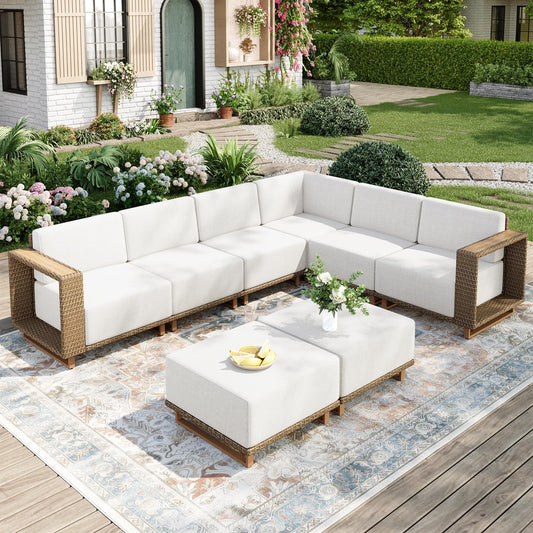 MIXPATIO 8 Pieces Outdoor Patio Furniture Set, Wicker Rattan Modular Sofa Couch, Sectional Patio Conversation Set with 10" Extra Thick Cushions for Deck Backyard Lawn