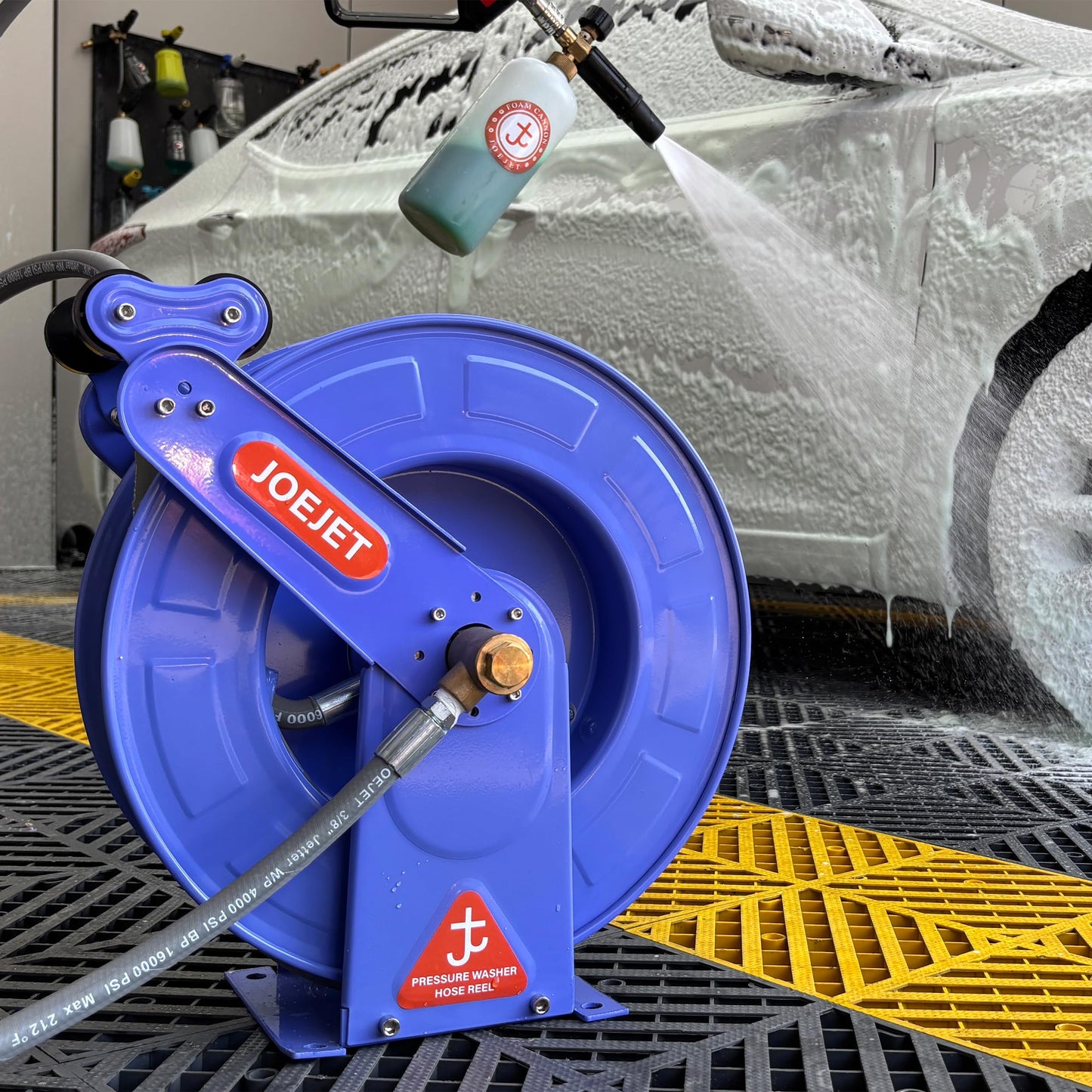 JOEJET Retractable Pressure Washer Hose Reel, 3/8" x 50 FT Power Washer Hose Reel with Hose, Wall/Floor Mounted, 4000 PSI, Blue