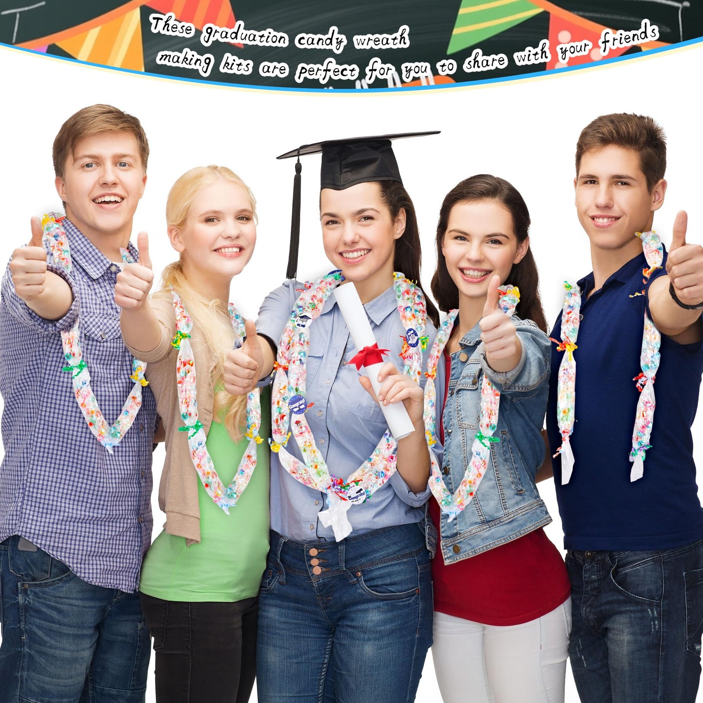 Mikasee 110 Pcs Graduation Candy Lei Making Kit 50 Graduation Candy Lei Tubing Lei Bags with 50 Sheet Stickers 10 Rolls Ribbon for School Graduation Wreaths