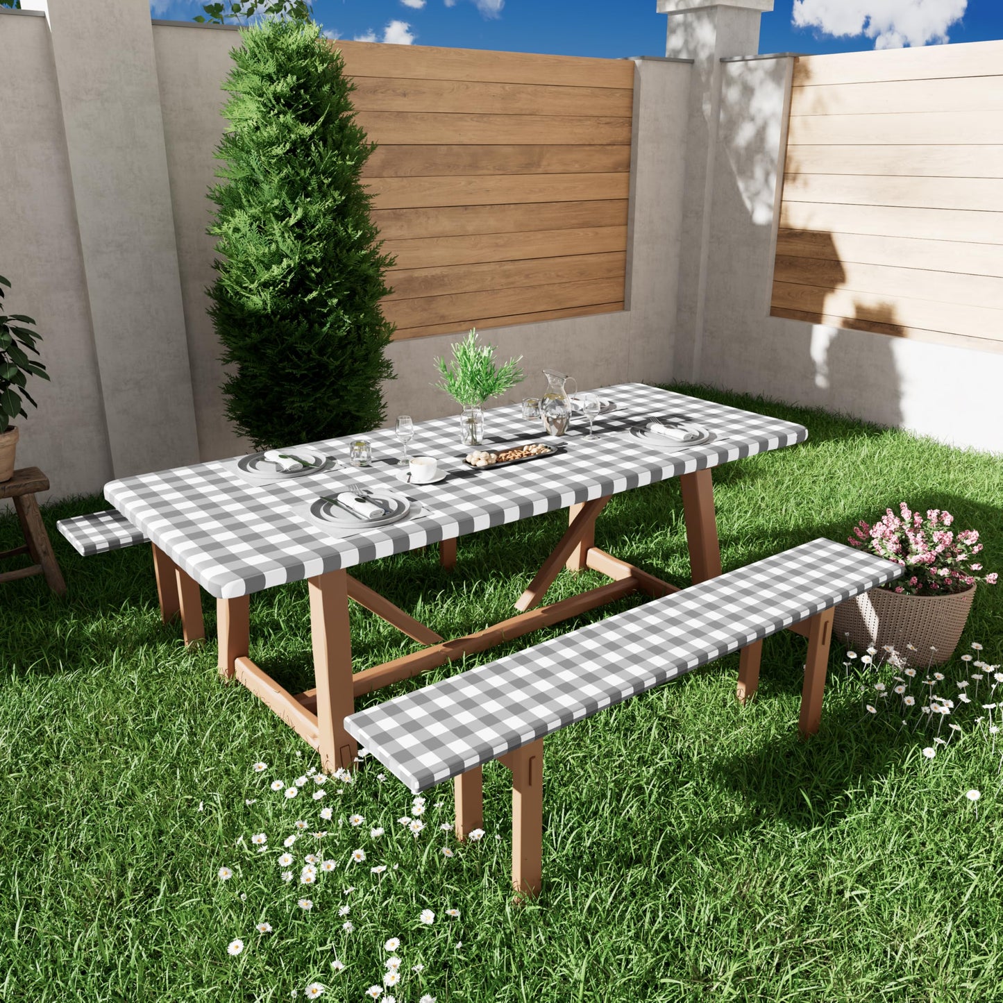 Smiry Picnic Table Cover with Bench Covers, Waterproof Elastic Fitted Tablecloths for 6 Foot Rectangle Tables, Washable Buffalo Plaid Tablecloth for Camping, Outdoor (Grey & White, 30"x72")