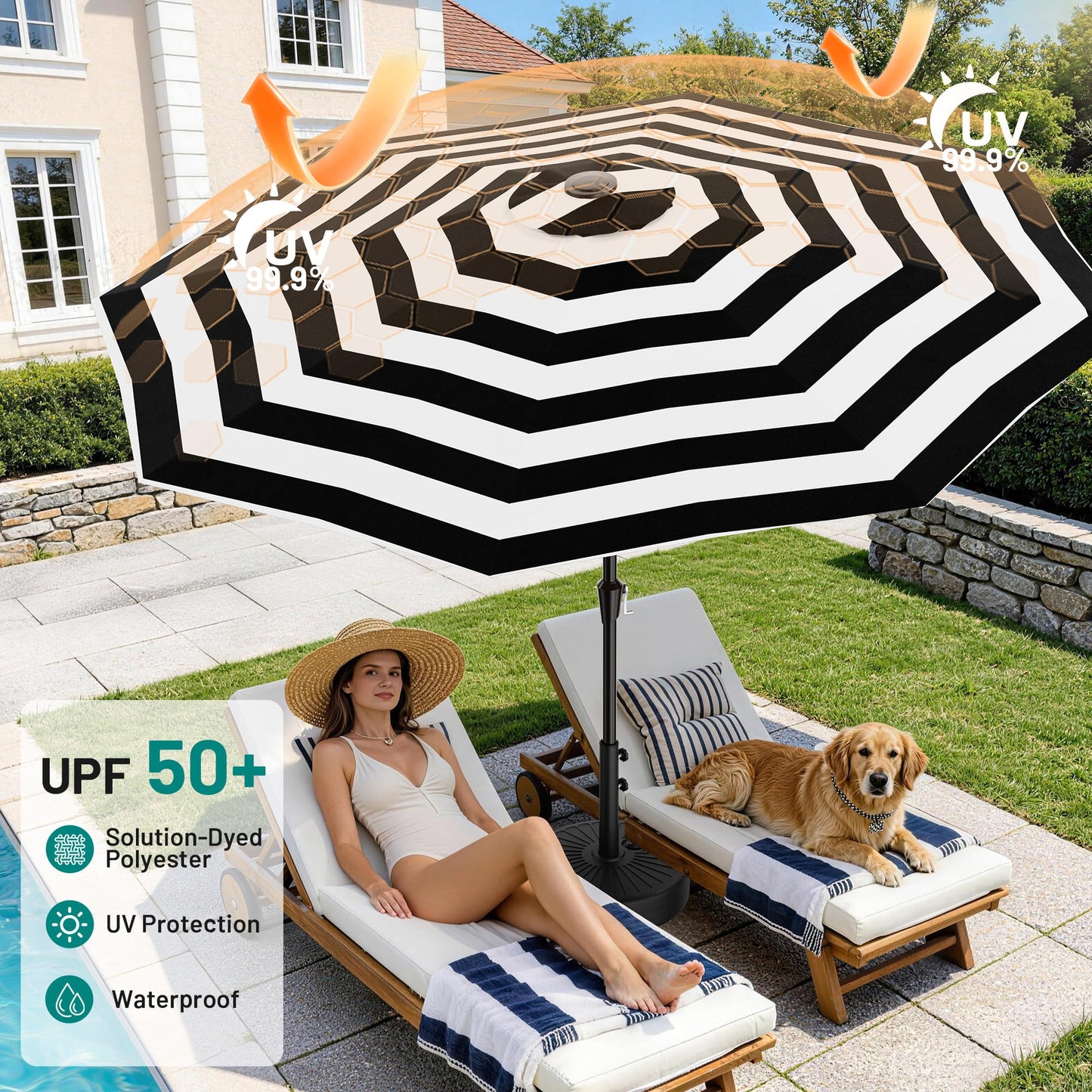 AreShark 9 FT Patio Umbrella for Outdoor, Outdoor Table Umbrella with Push Button Tilt and Crank, Outdoor Patio Umbrellas with 8 Sturdy Ribs for Market, Garden, Pool (Black & White Stripe)