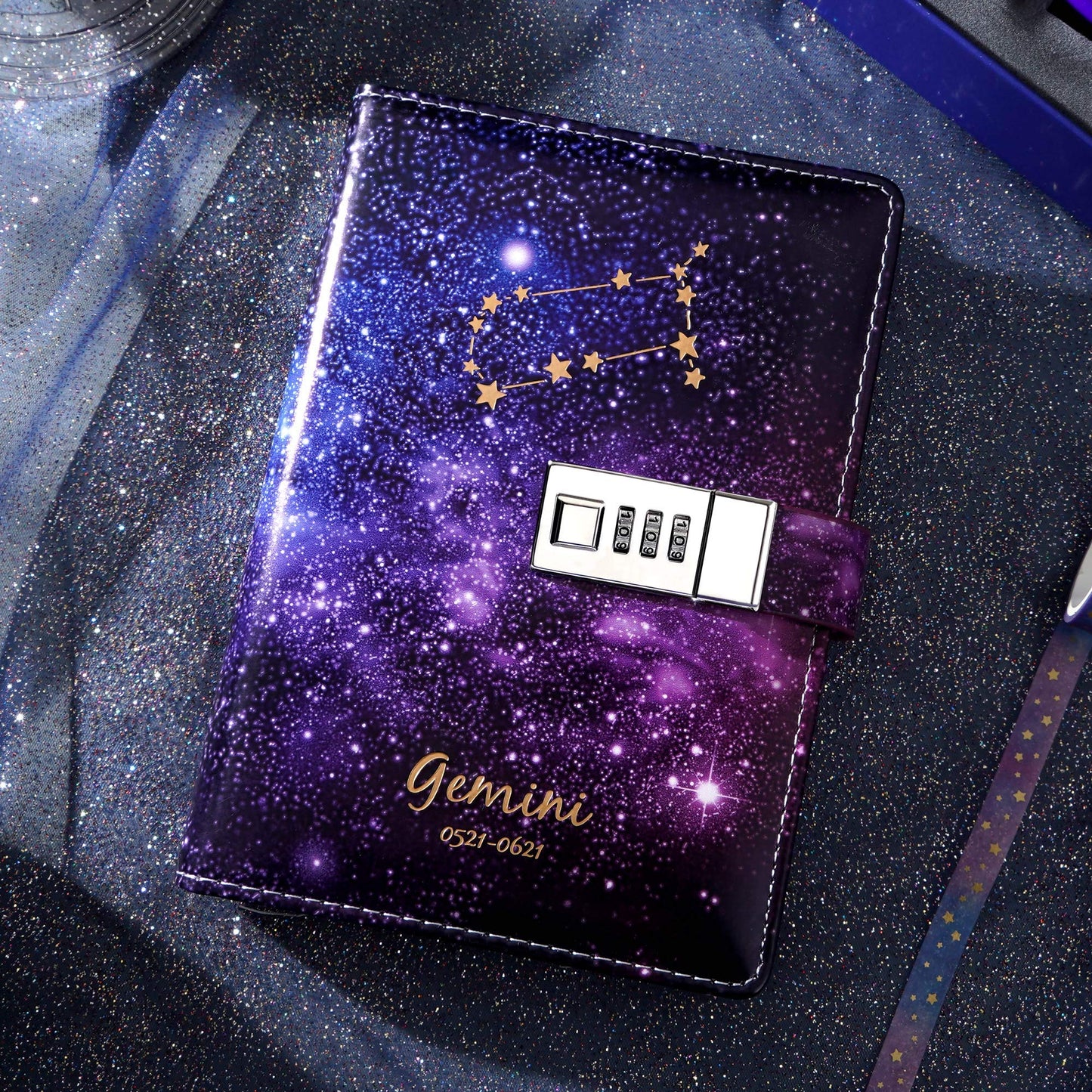 CAGIE Starry Constellation Lock Diary Set Gift Box with Pen & Tapes Secret Diary with Lock for Kids Girls Women Purple Journal Kit with Lock for Anniversary Birthday Holiday（Gemini）