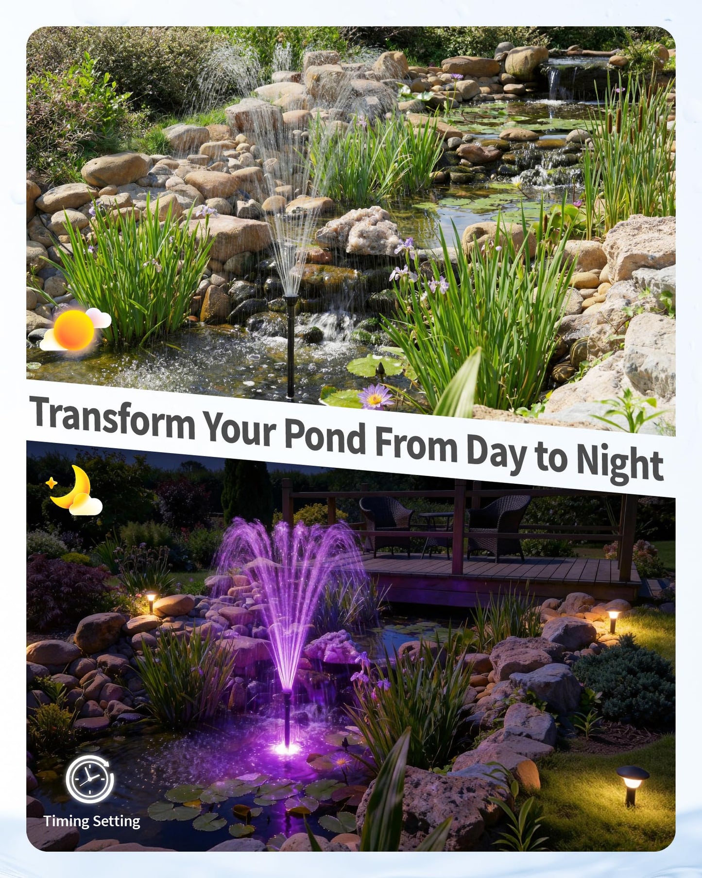 POPOSOAP Pond Fountain Pump Kit with RGB Lights & Remote Control, 660GPH Quiet Submersible Water Pump, Pond Pump with 3 Nozzles for Garden Koi Ponds, Fish Tank,Backyard Water Features Decor-P1104D