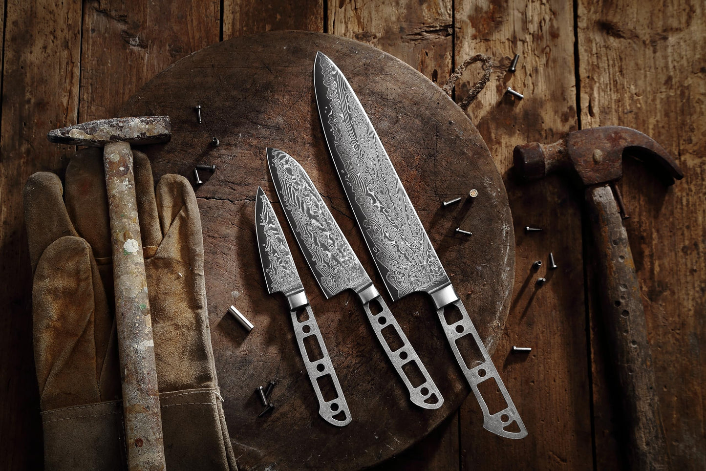 KATSURA Woodworking Project Kit – 3-Piece Chef Knife Set Blank – 8” Chef Knife+5” Inch Santoku+3.25” Inch Paring Knife – Japanese Premium AUS 10, 67 Layers Damascus Steel – Falcon Series – NO LOGO