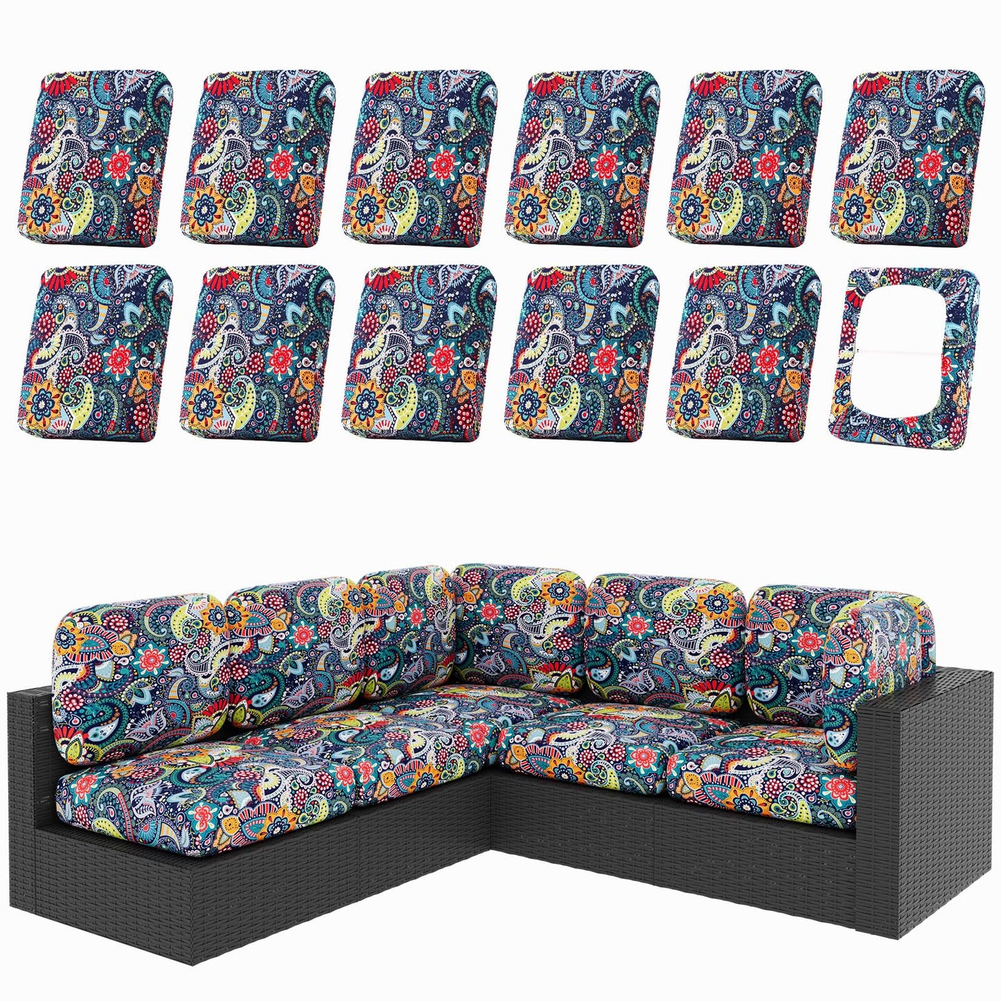 hyha 12Pcs Patio Cushion Covers, Stretch Outdoor Couch Cushion Covers Replacement, Washable Outdoor Chair/Sofa Slipcovers for Patio Furniture Cushions Protector with Elastic Bottom(Paisley,Cover Only)
