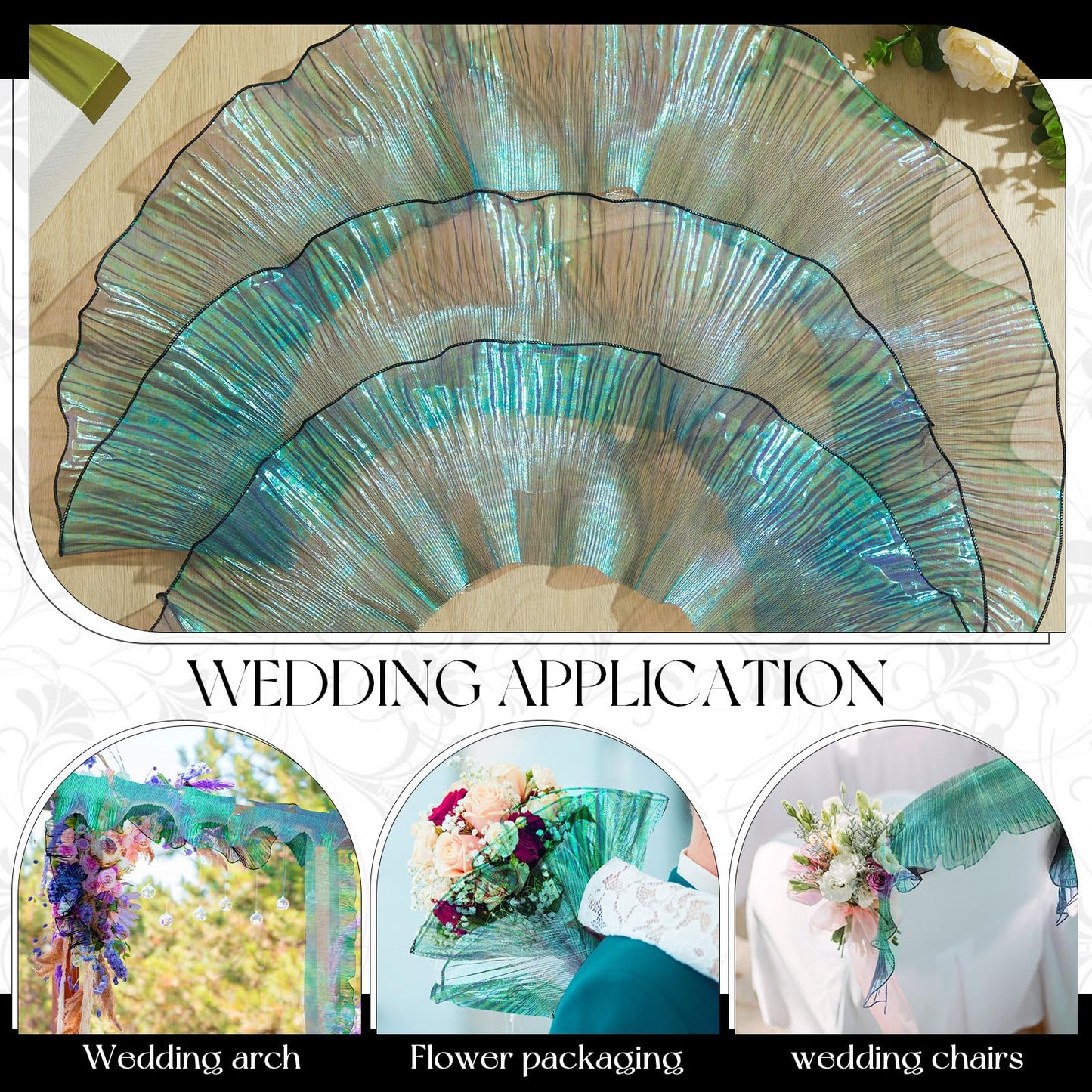 Ganeen 16 Yard Ruffle Pleated Iridescent Ribbon, Green Jellyfish Organza Ruffle Trim, Retro Tulle Lace Fabric for Jellyfish Costume Sewing Craft Dress Hat Lantern Cake Christmas Tree Decor