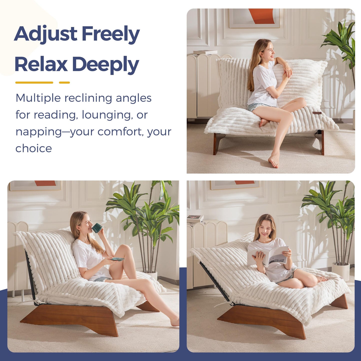 MAXYOYO Adjustable Living Room Chair, 3-Position Bean Bag Chair with Removable Cover, Upholstered Accent Chair with Frame, Soft Reclining Lounge for Bedroom, Apartment, Office, Beige