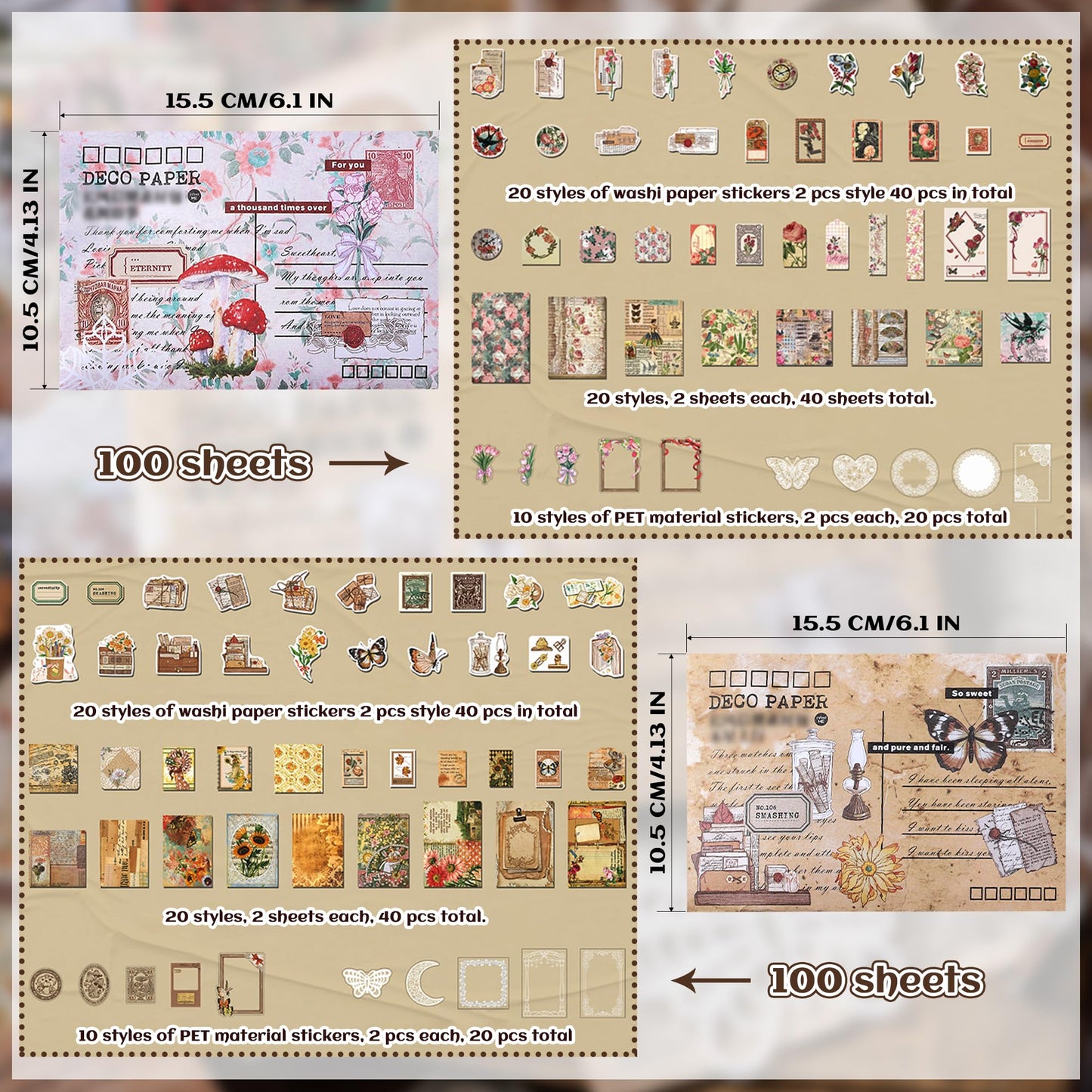 Npcswxq 200Pcs Vintage Scrapbook Paper Sticker Kit, Nature Flowrs Scrapbooking Decals for Junk Journal Supplies Card Making Stationery Album, Collage, Planner, Gift Wrapping Craft