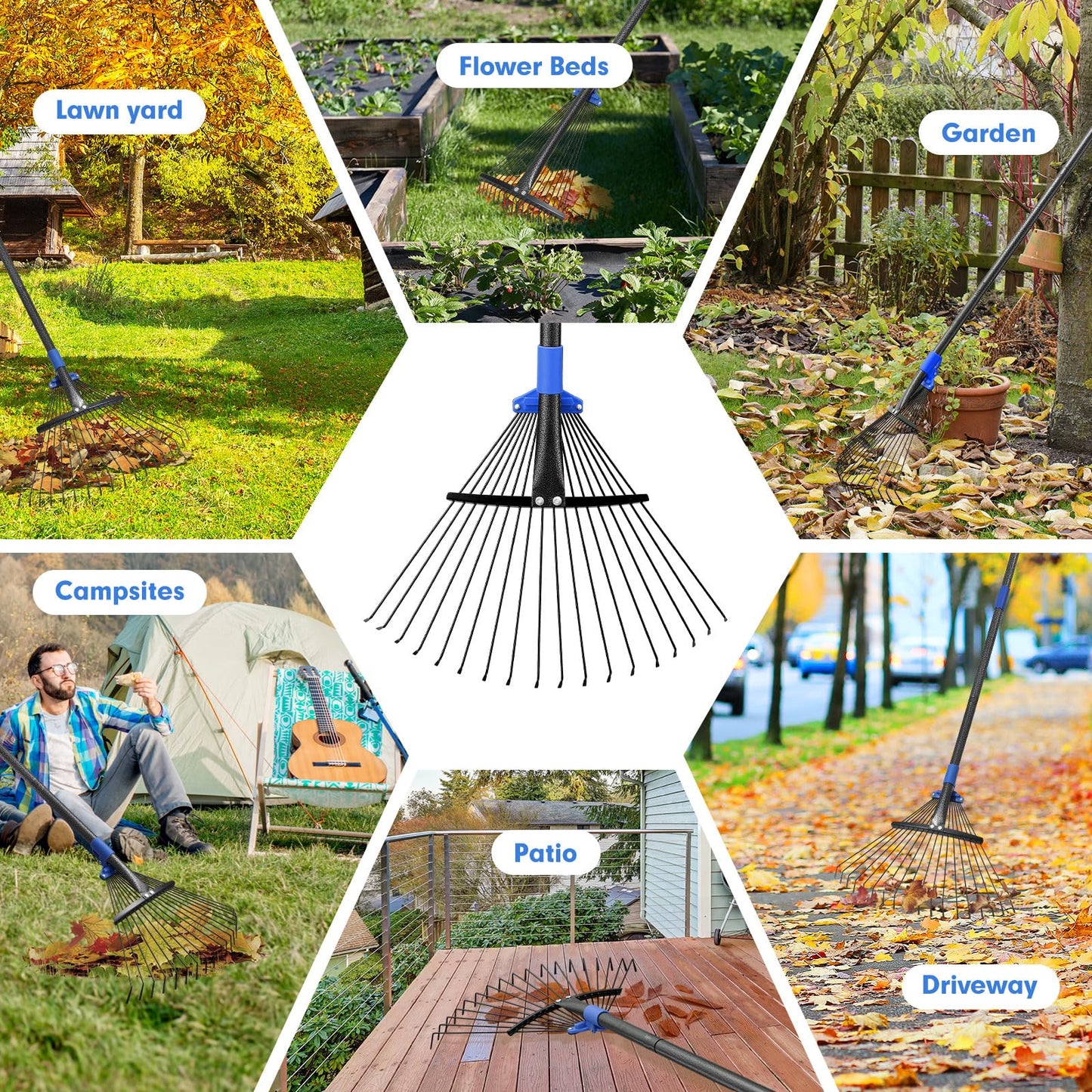 Heavy Duty Garden Leaf Rake-Adjustable Metal Rake with 8-17" Expandable Head,Yard Rakes for Leaves,Grass,Lawns,Shrubs,Flower Beds,Camping,Outdoor Cleanup,Ideal for Women & Kids