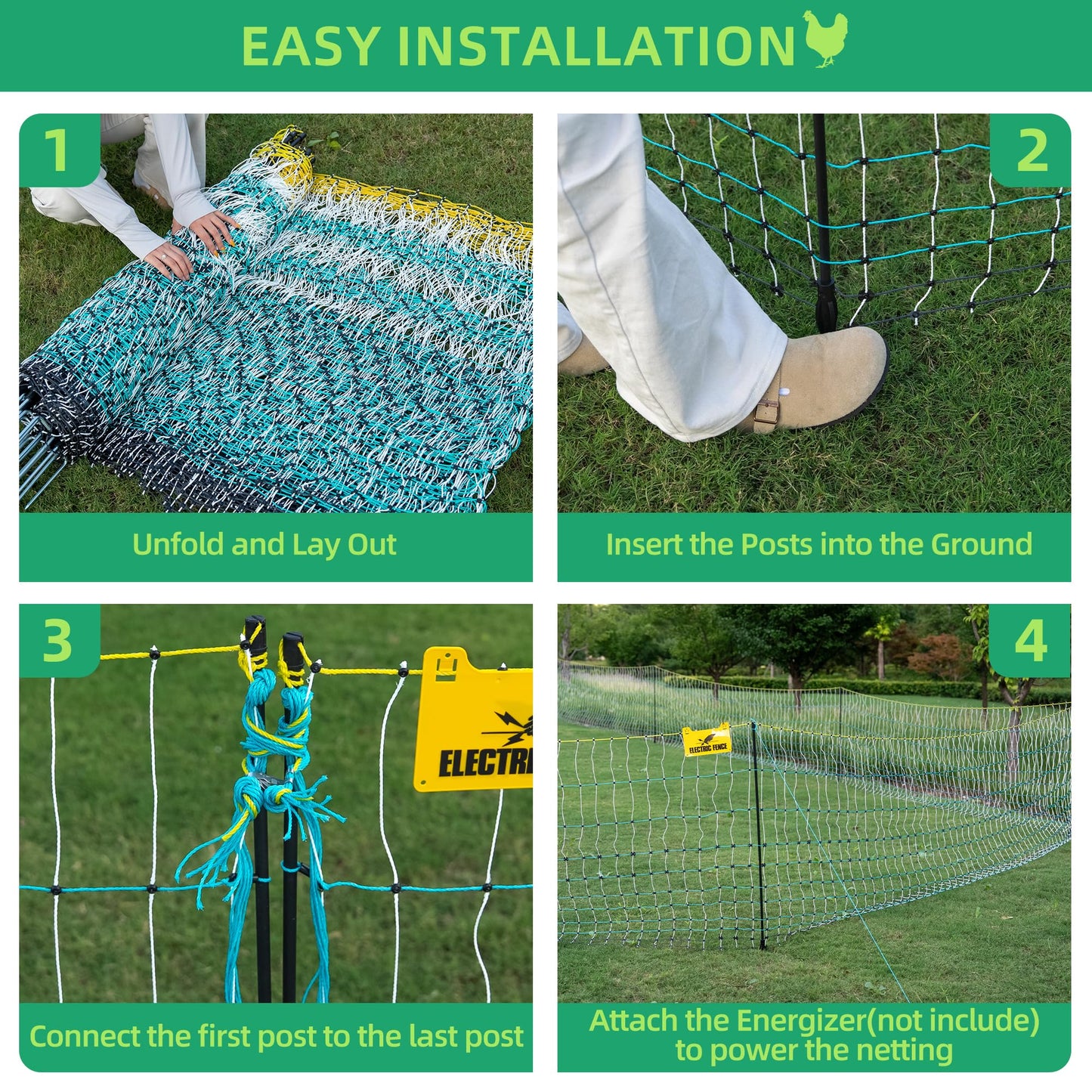 OULUU Poultry Netting Electric Fence - 41.5" H x 164' L, Portable Livestock Nets Mesh for Chickens, Ducks, Geese, Turkey, Electric Fencing for Backyards, Homesteaders, Farms, Ranches, Gardens