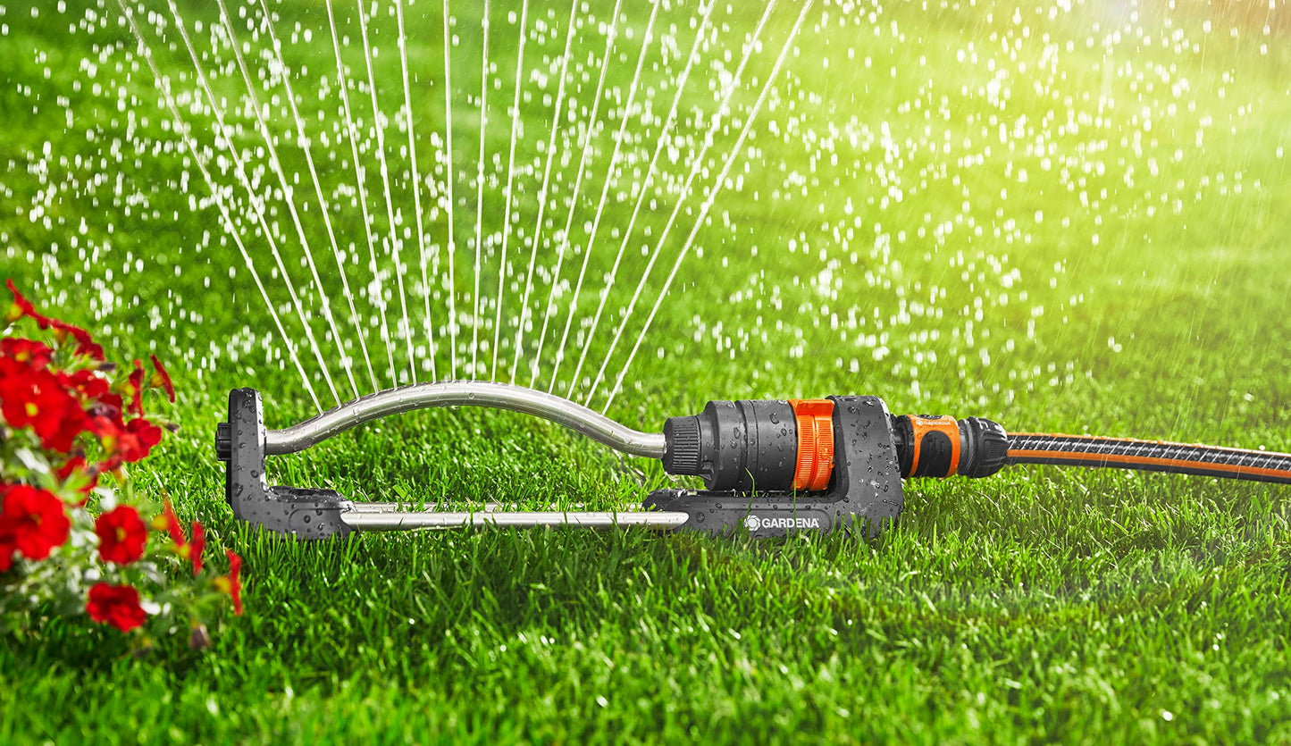 GARDENA (18700) Up to 2400 sq ft - Adjustable Oscillating Yard Sprinkler, for Watering Large Area Lawn and Garden. Gardena Outdoor oscillating sprinklers Have Wide Heavy Duty Base.