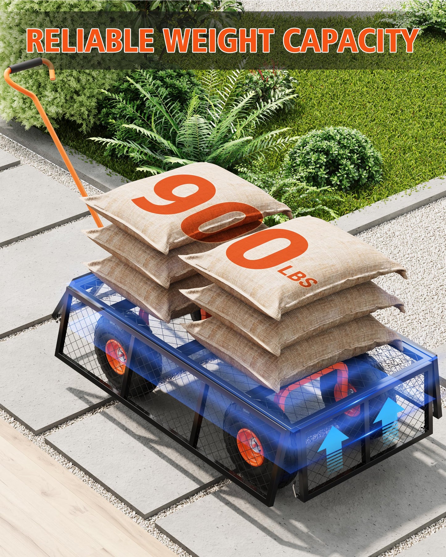 GarveeLife Heavy Duty Steel Garden Cart, 900 LBS Capacity 3 in 1 Pullable Garden Wagon with 10 in Wheels, for Gardening Soil, Tools, and Plant Transport