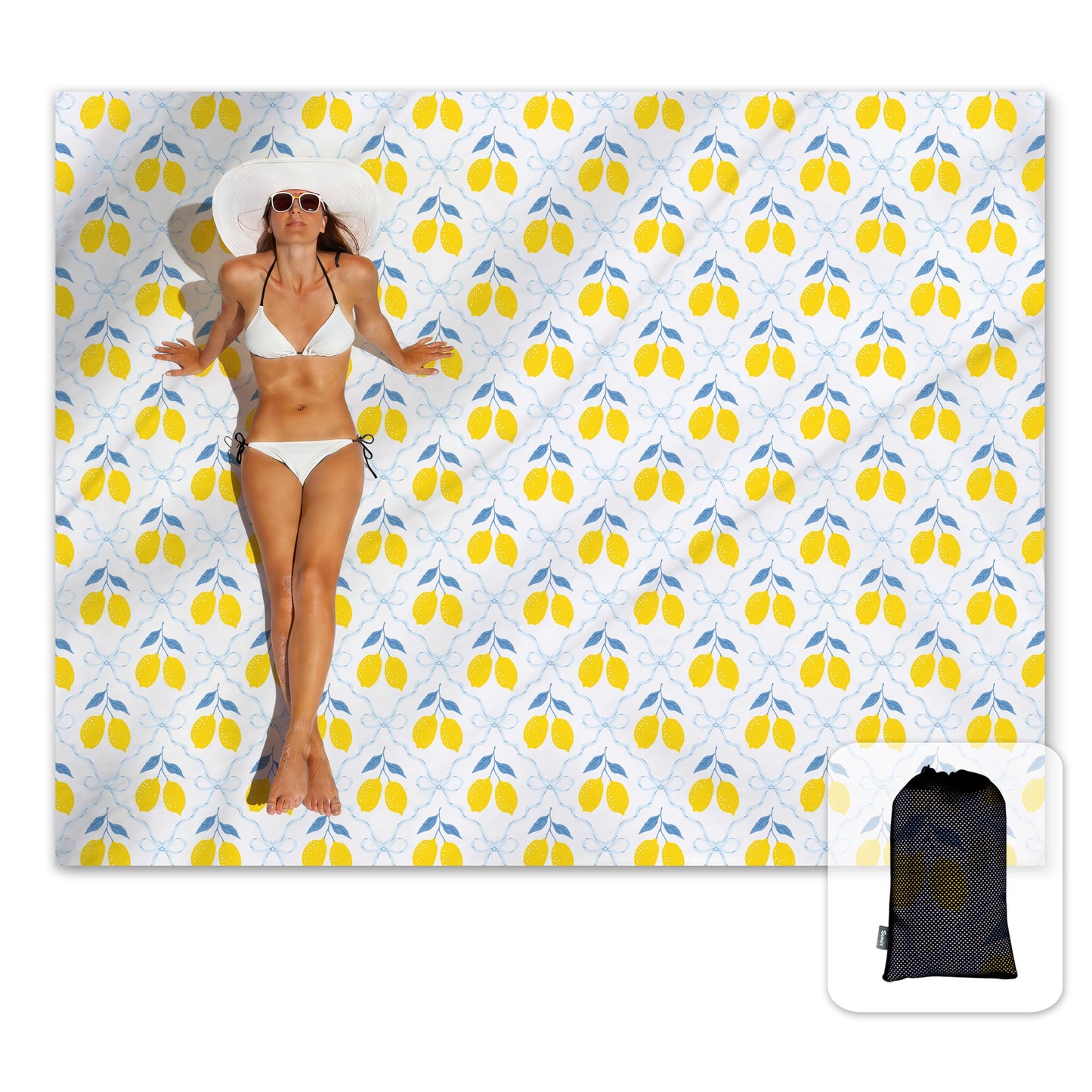 Sunlit Large Beach Blanket Waterproof Sand Proof, 81" x106" Sand Free Mat with Corner Pockets and Storage Bag, for Travel Beach Camping Outdoor Festival, Chic Summer Accent Lemon Lattice