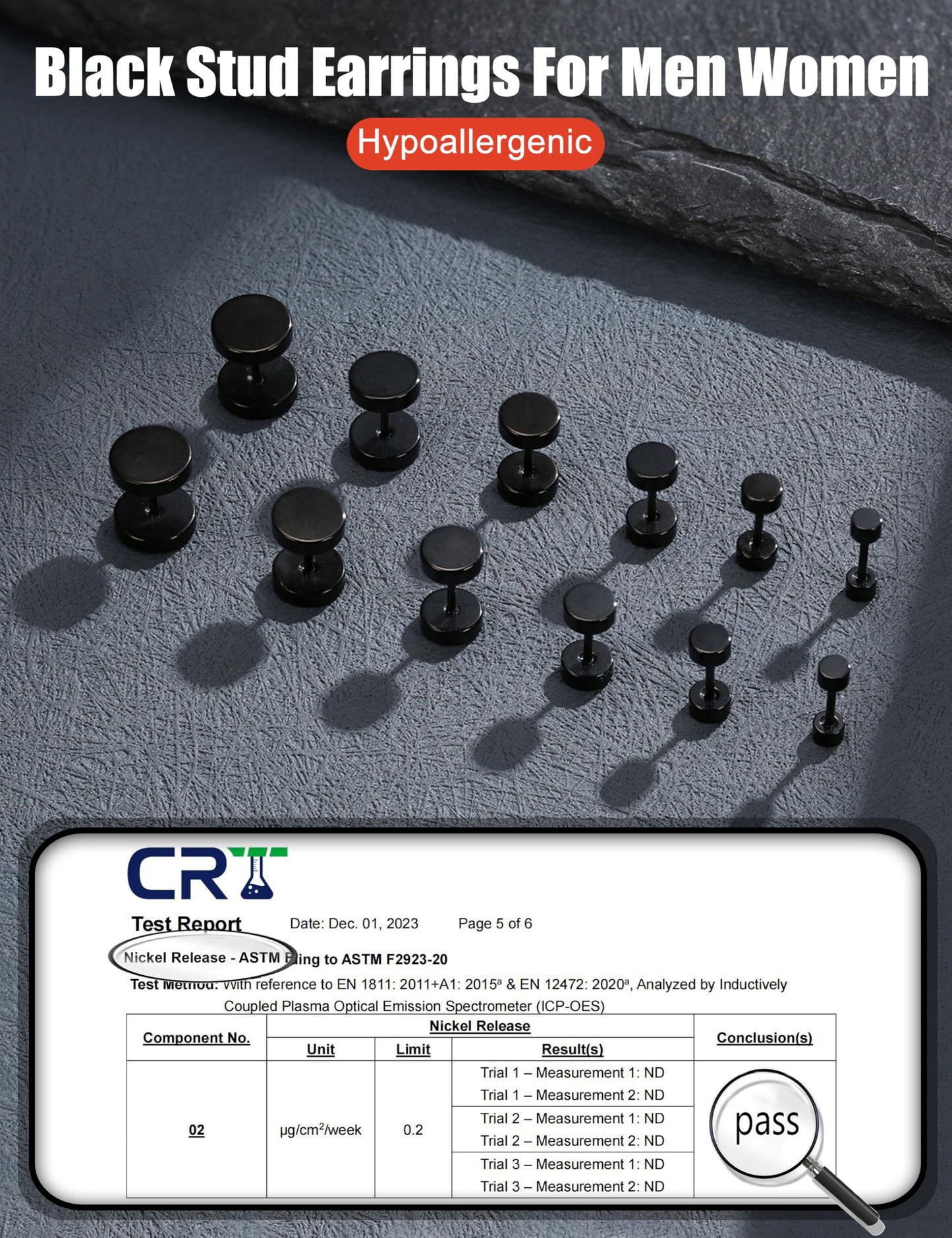 FIBO STEEL 6 Pairs Stainless Steel Black Stud Earrings for Men Women Faux Gauges Ear Tunnel Fake Gauge Earrings 3-8mm Black