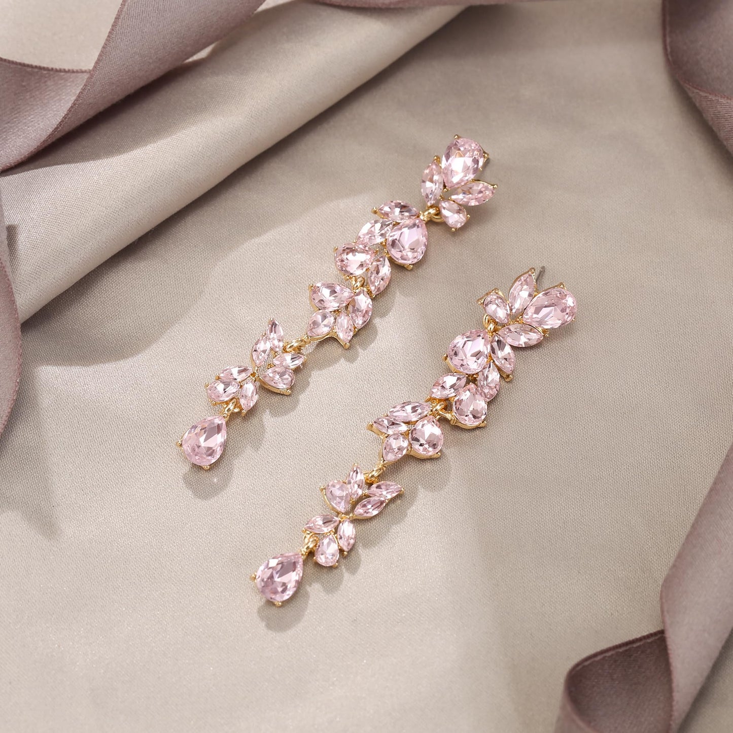 EVER FAITH Wedding Rhinestone Crystal Chandelier Dangle Earrings for Women Brides, Art Deco Marquise Teardrop Bridal Long Drop Earring for Prom Pink