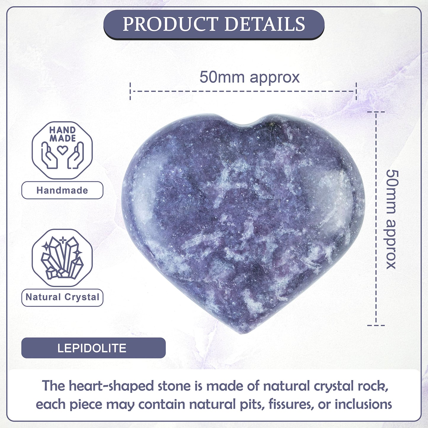 Crocon® 50mm Lepidolite Heart stone Big Heart Shape Puff Stones Set 450+ Carats Pocket Crystal Healing Tumble Collection Palm Worry Stone Good Luck Charm Meditation Gift Craft Home Decor