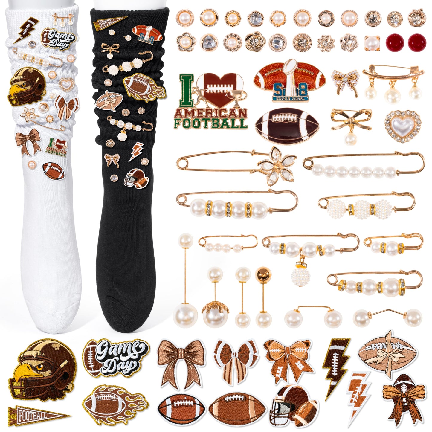 Football Junk Socks Charms Kit - 79 Pcs Football Themed Brooches and Pins Socks Kit for Women Jewelry Charms Pins Chenille Patches Accessories Sock Kit for Sport Game Decorating and Personalizing Sock