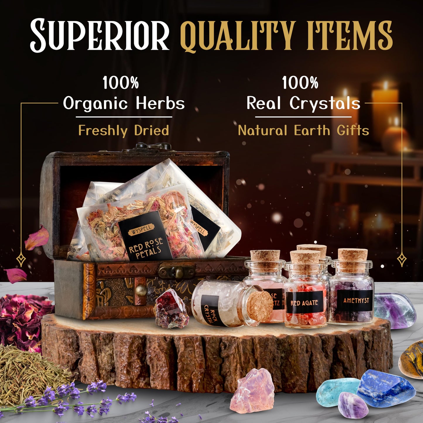 Wyspell Witchcraft Supplies Kit - 54PCS - Witch Kit for Altar: Spell Candles, Dried Herbs, Healing Crystals in Jars - Wiccan Supplies & Tools - Witchy Gifts for Beginners