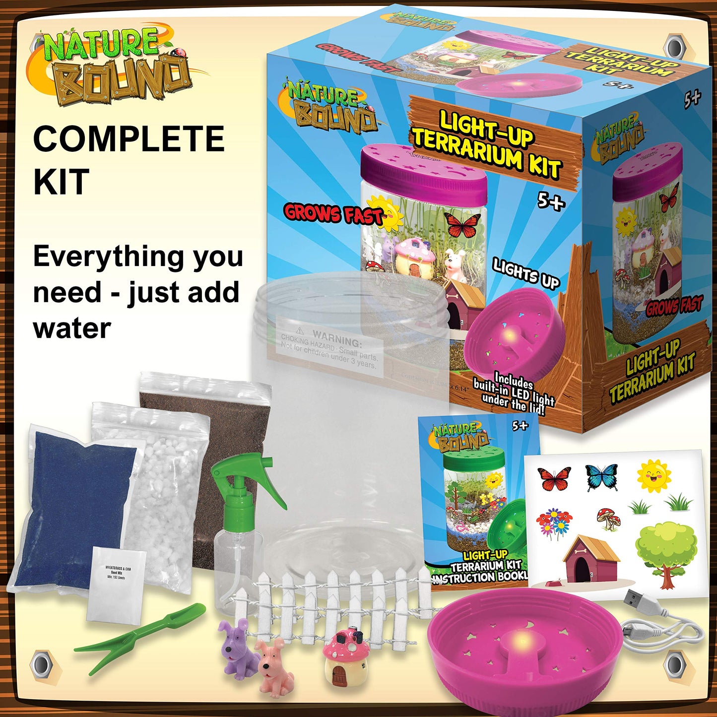 Nature Bound Light-Up Terrarium Kit with LED Light for Kids - Includes Puppy Animal Theme - STEM Science Kit for Boys & Girls - Plant Gardening Gifts for Children (Pink)