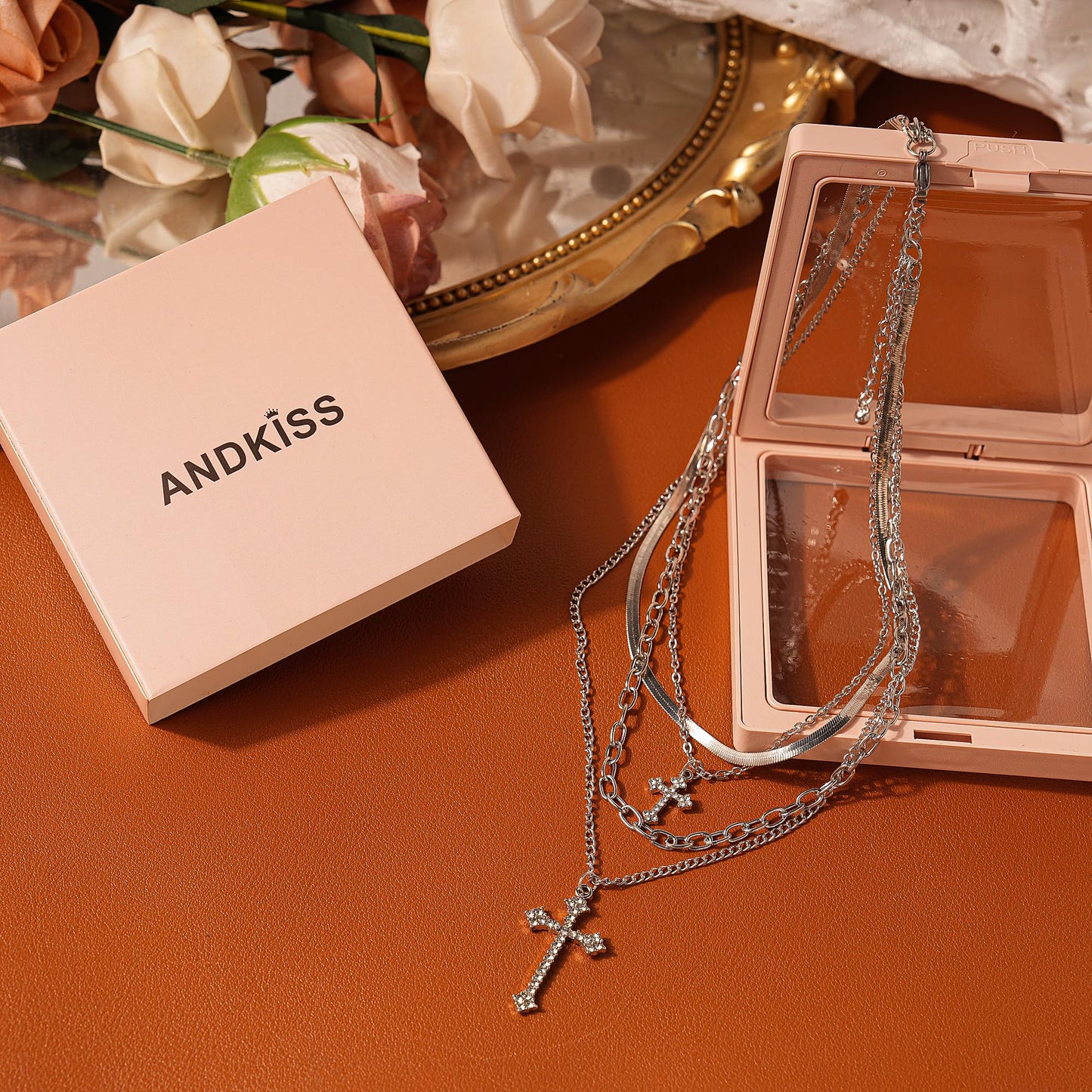 ANDKISS Silver Cross Necklace for Women - Gold Plated Layered Necklace Stack Snake Chain CZ Diamond Cross Pendant Necklaces Jewelry for Women Gift Trendy
