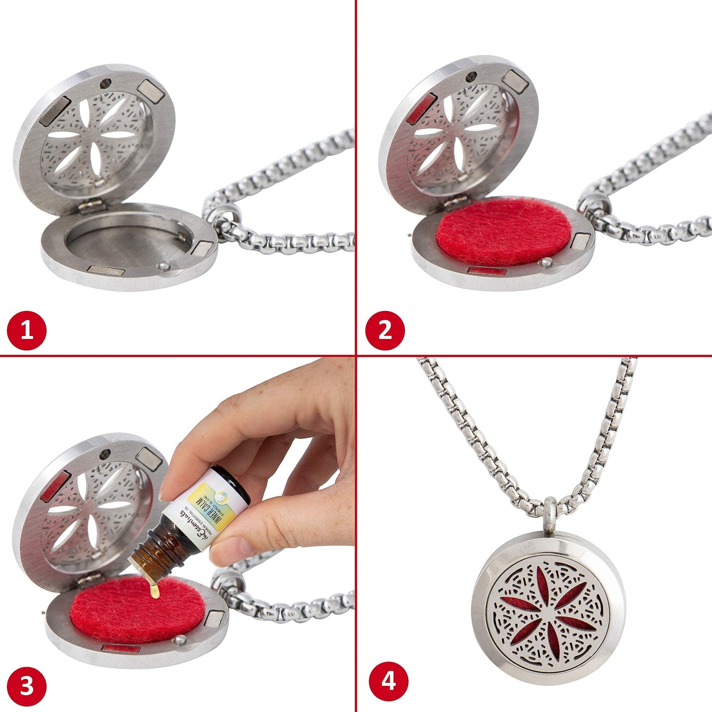 Wild Essentials Flower of Life Essential Oil Diffuser Necklace, Stainless Steel Locket Pendant with 24 inch Chain, 12 Color Refill Pads, Customizable Color Changing Perfume Jewelry for Aromatherapy
