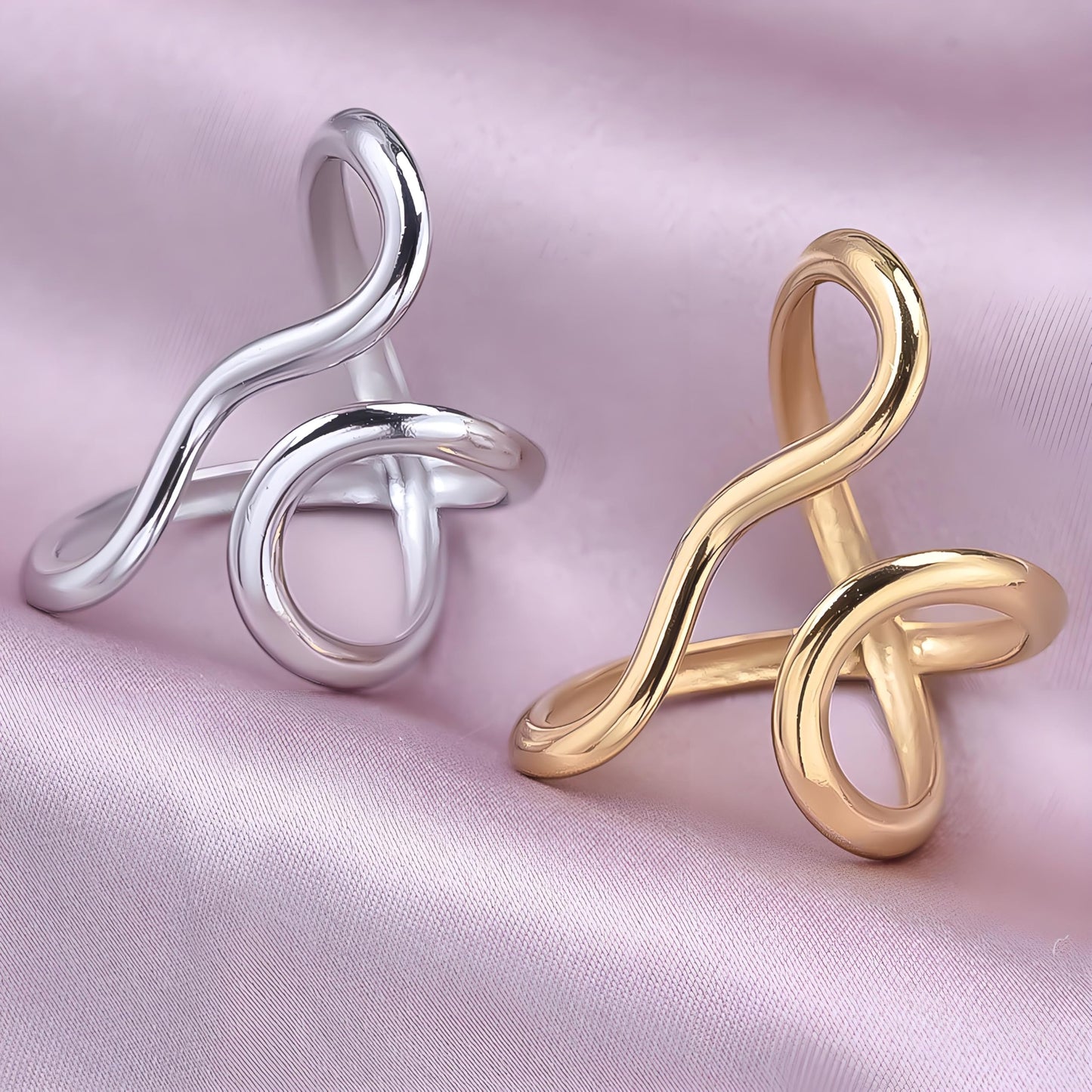 AIETUE Chunky Rings For Women, Gold Silver Thumb Ring Asymmetrical Wavy Curve Ring Adjustable Non Tarnish Dainty Stainless Steel New Year Anniversary Birthday Jewelry Gift (Wavy Gold+Silver)