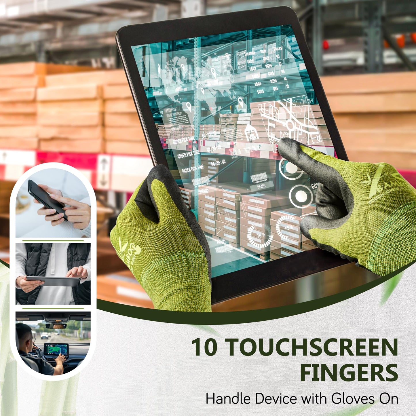 COOLJOB 2 Pairs Gardening Gloves for Women and Men, Bamboo Working Gloves Touchscreen, Grippy Nitrile Rubber Coated Work Gloves, Green/Black, Large Size (2 Pairs L)