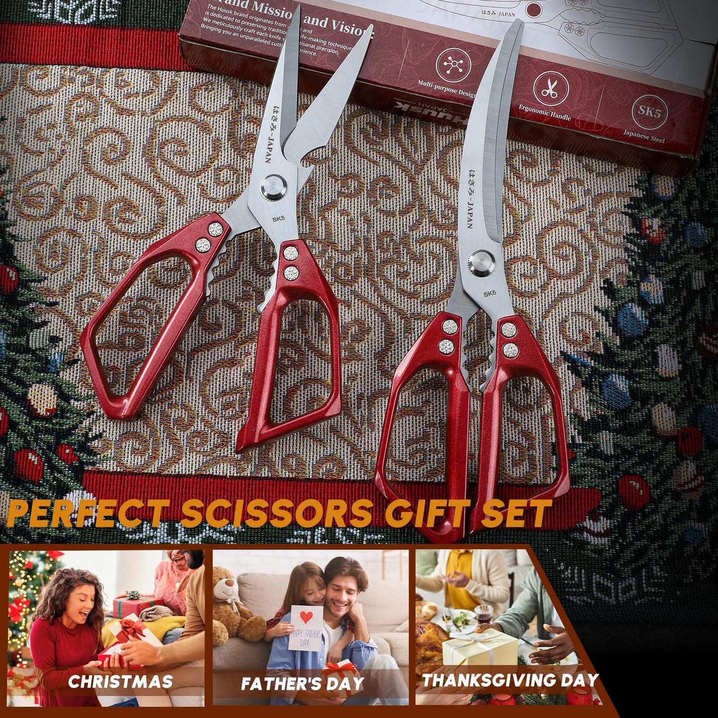 HUUSK Kitchen Scissors Set Red - Stainless Steel Kitchen Shears, Sharp Meat Scissors Dishwasher Safe, Heavy Duty Poultry Shears All Purpose, Japanese Cooking Scissor for Food,Christmas Gifts for Women