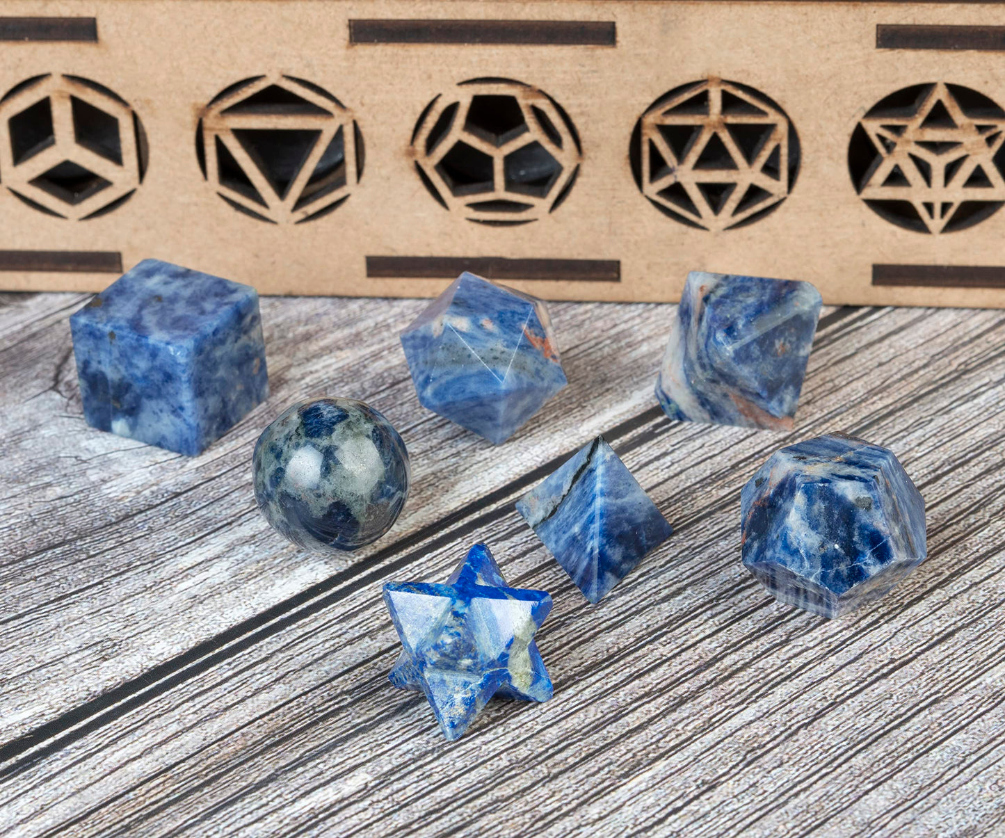 ZAICUS Sodalite 7 Pcs Platonic Solids Crystal Geometry Set, Platonic Solids Sacred Geometric Stones for Meditation Reiki Balancing Healing Chakra Stone Cleansing Spiritual Good Luck (15-20 mm)