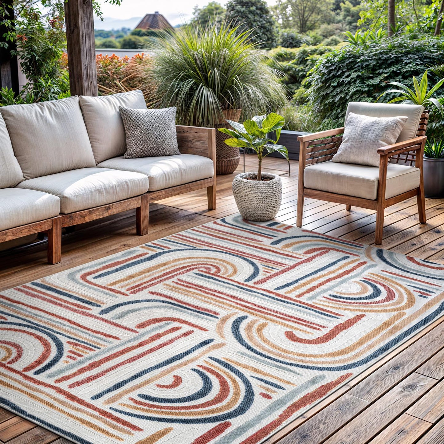 CAMILSON Indoor Outdoor Rug, Multicolor 5x7 Geometric Arch Striped Area Rugs for Patio and Home Areas, Easy-Cleaning Non-Shedding Living Room, Garden and Deck Washable Outside Carpet (5 x 7)
