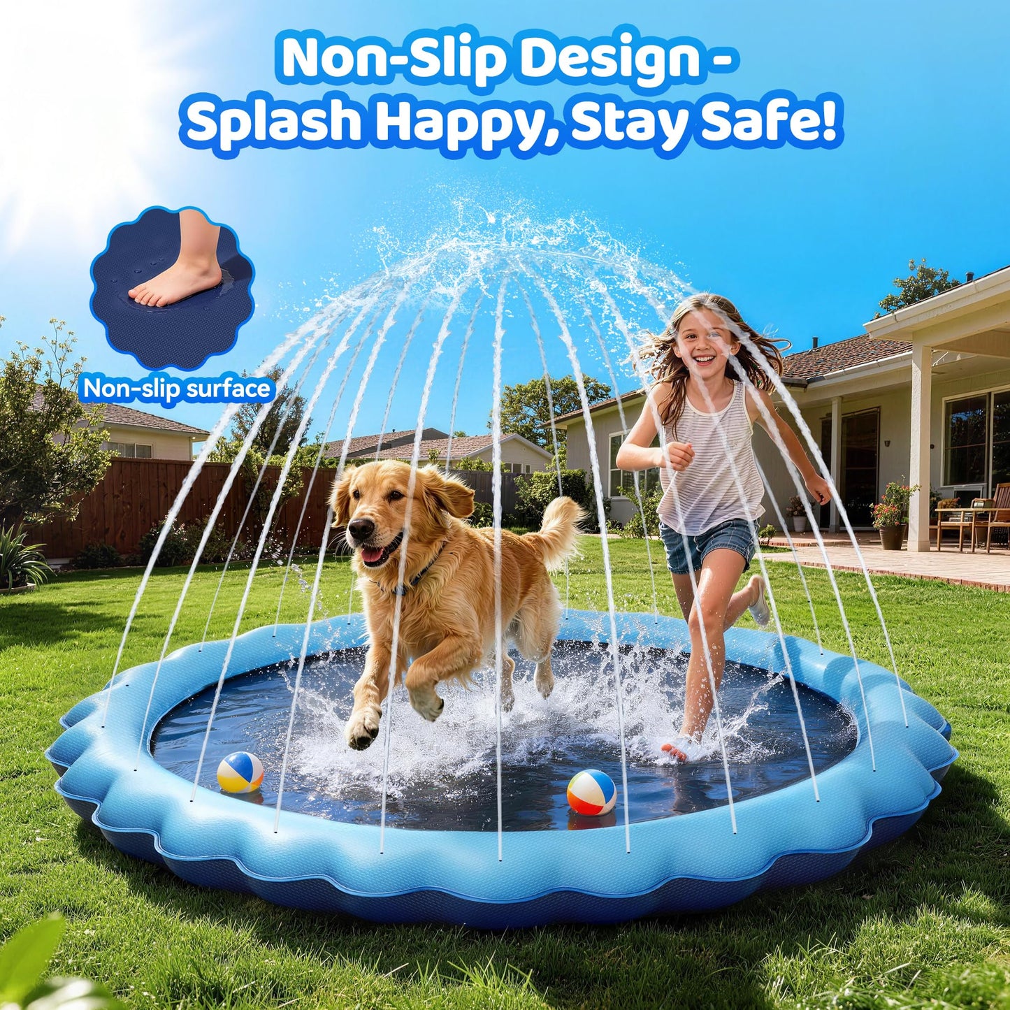Meowant Splash pad for Kids and Pet, Not-Slip Sprinkler Play Mat for Dog and Children Summer Toys, Outdoor Backyard Toddler and Dog Pool 3-12 Years Boys & Girls 60"